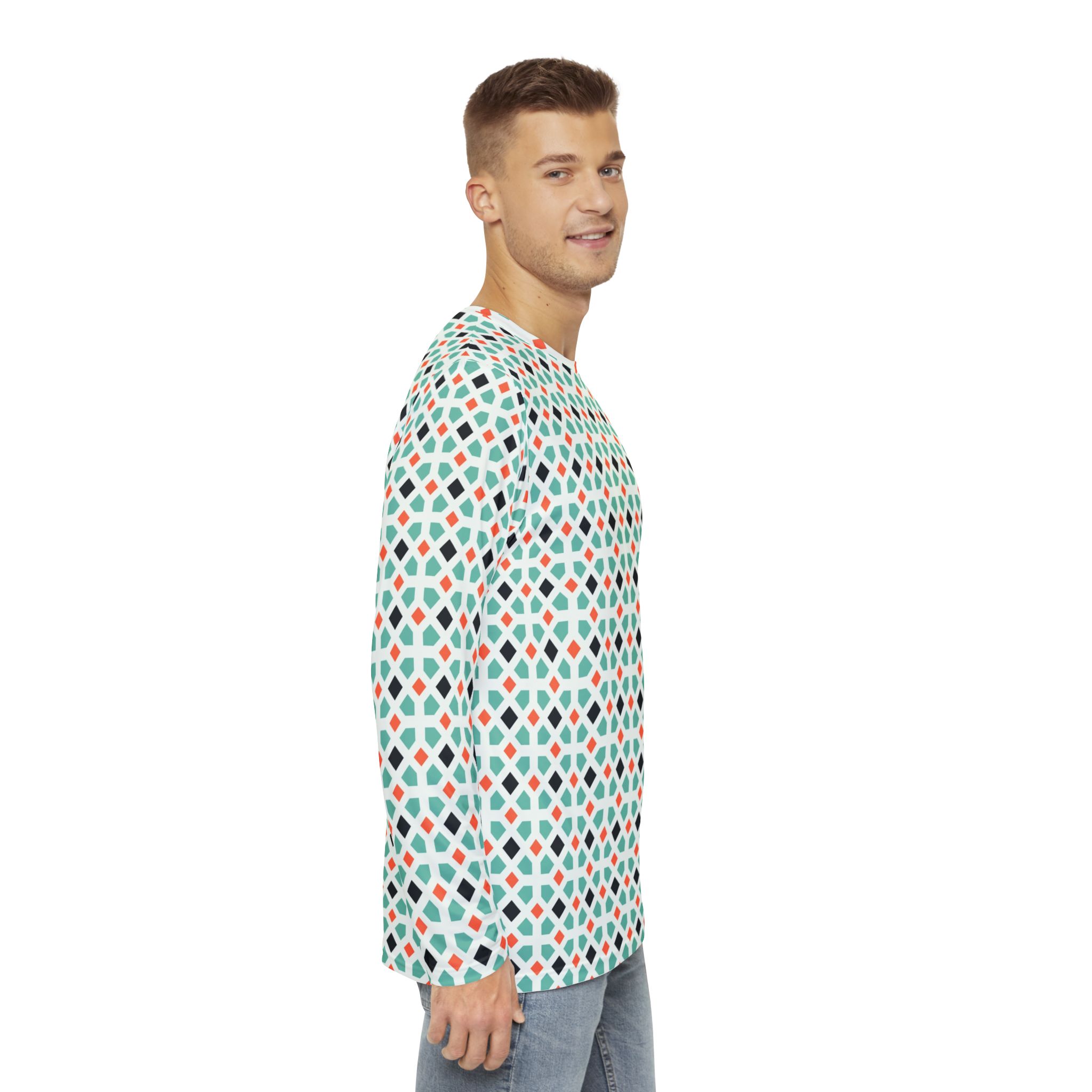 Retro Geometric Mosaic Men's Long Sleeve Shirt Unique Gift for Him, Everyday Wear, Spring Fashion - Image 6