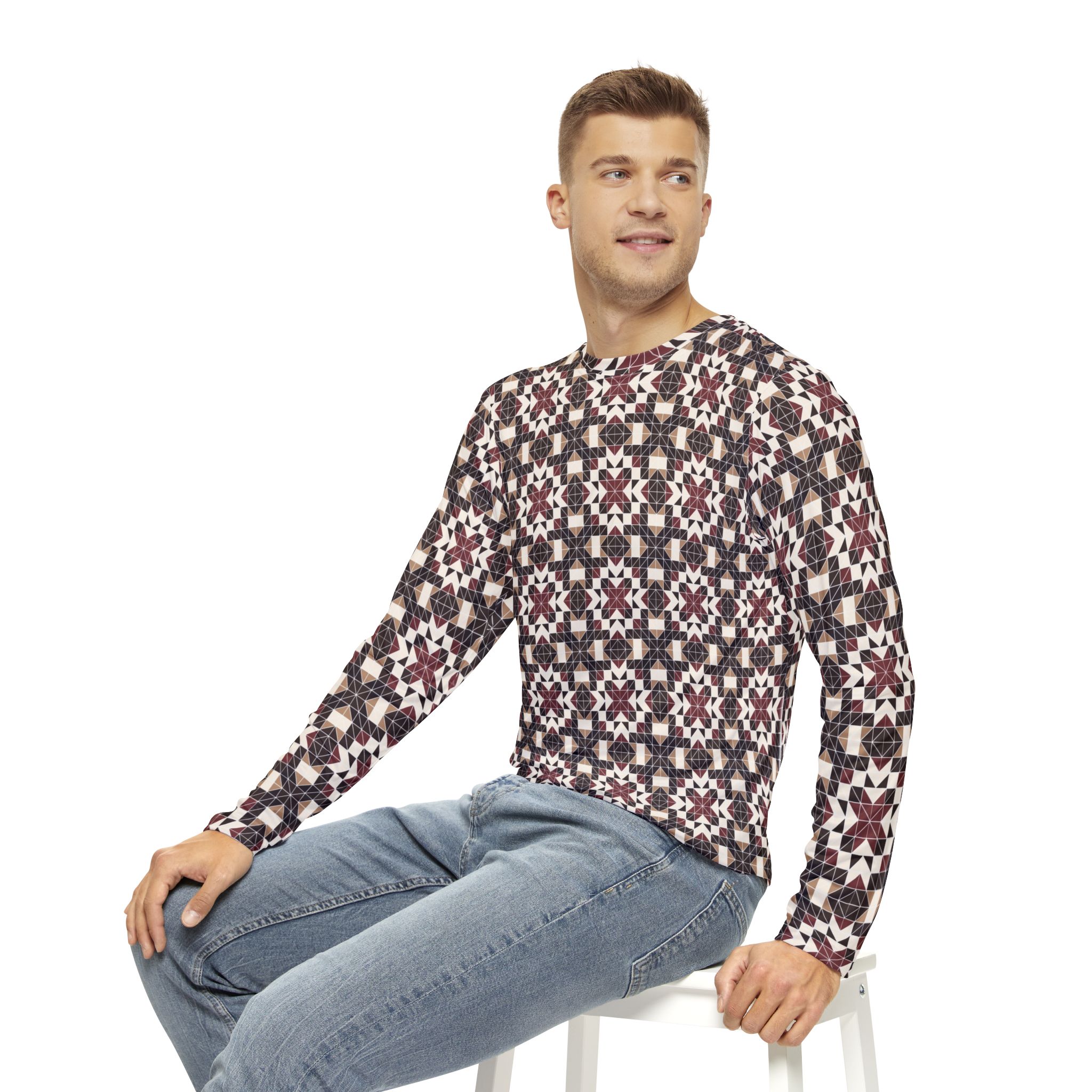 Ornate Crimson Tile Men's Long Sleeve Shirt, Casual Wear, Gift for Him, Fashion Top, Everyday Essentials - Image 7