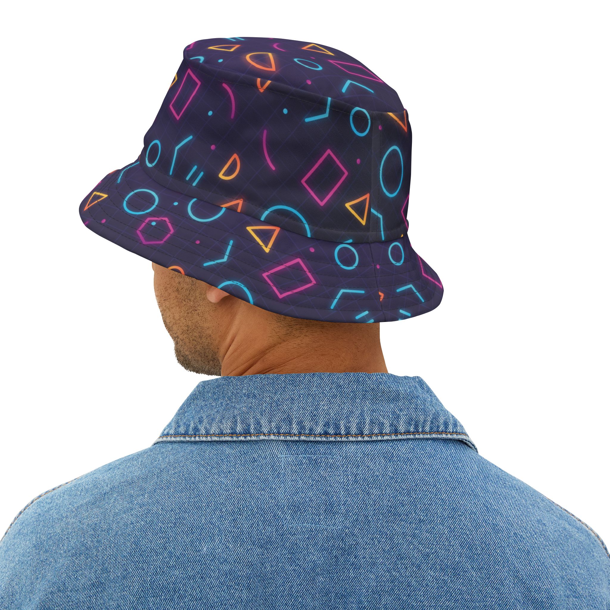 Neon Glow Geometric Bucket Hat, Vaporwave 80s-Inspired Retro Streetwear - Image 8