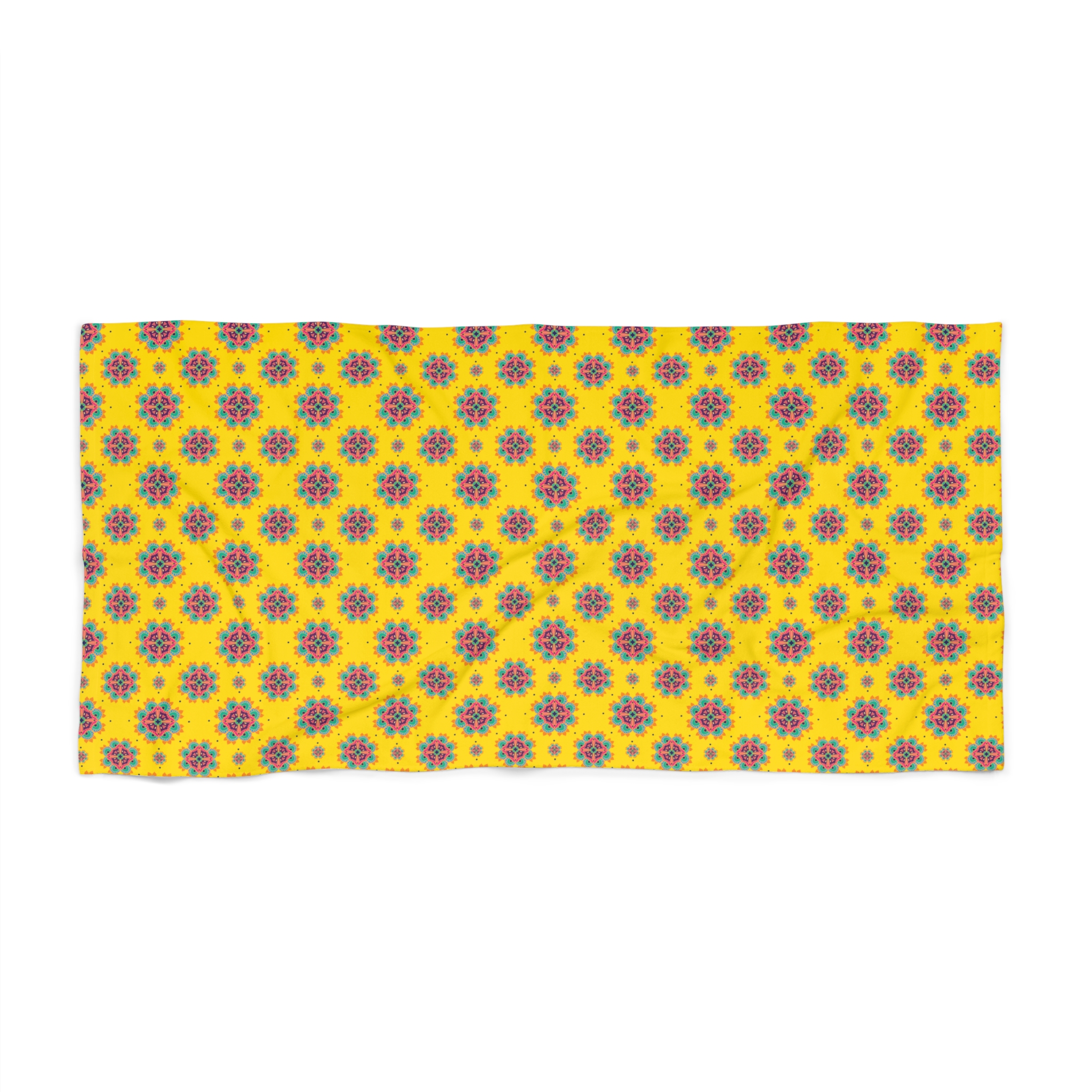 Mandala Sunburst Beach Towel, Vibrant Yellow Boho Pattern for Summer Days