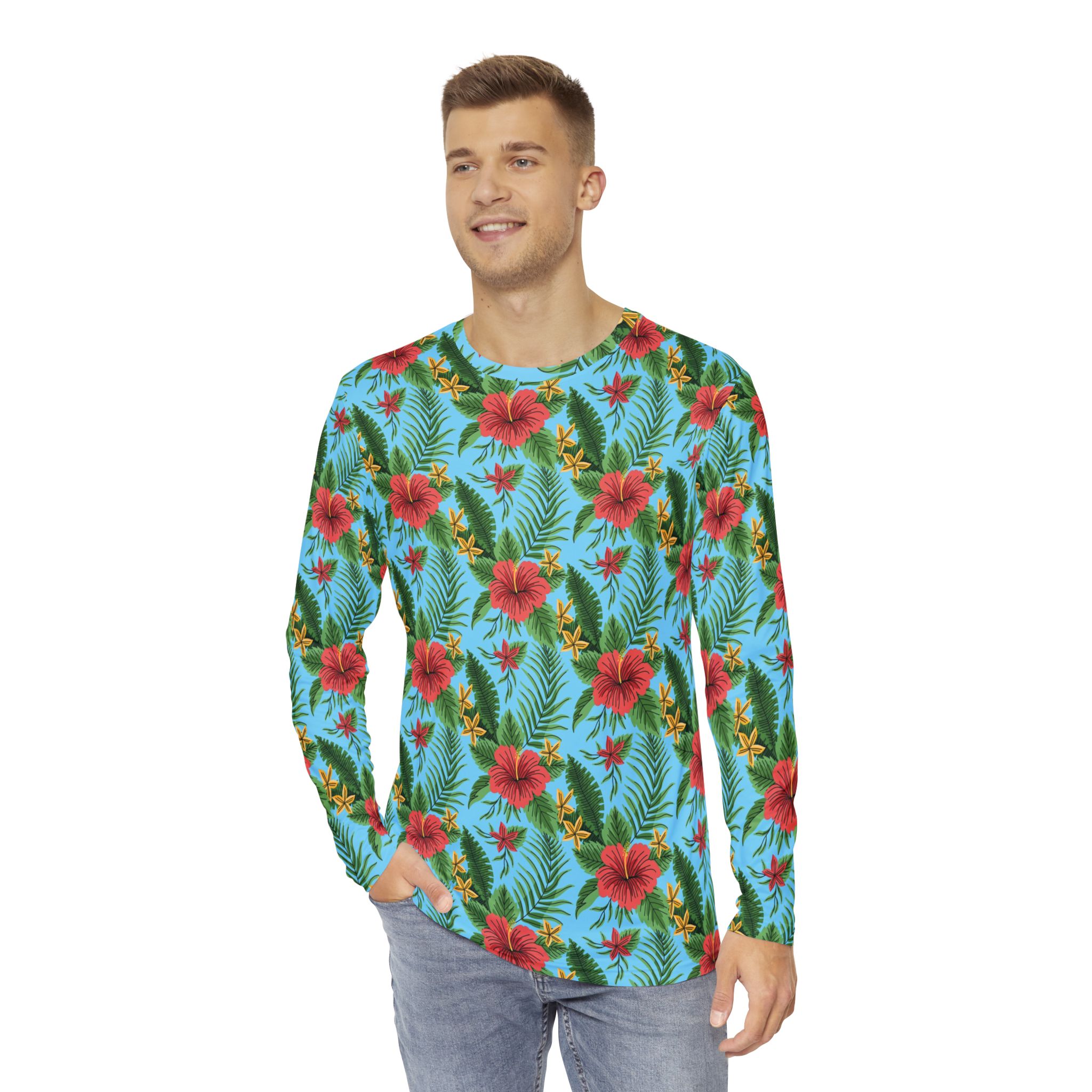 Vibrant Island Blue Long Sleeve Shirt, Beachwear, Summer Fashion, Vacation Outfit, Mens AOP Shirt, Gift for Him - Image 3