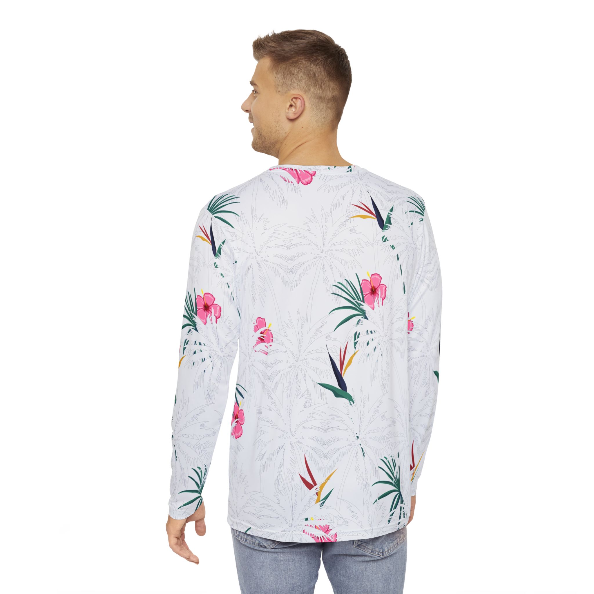White Tropical Floral Men’s Long Sleeve Shirt Bird of Paradise & Hibiscus Print - Image 4