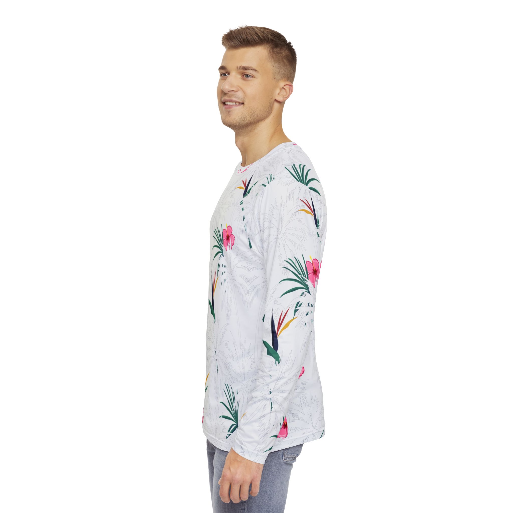 White Tropical Floral Men’s Long Sleeve Shirt Bird of Paradise & Hibiscus Print - Image 5