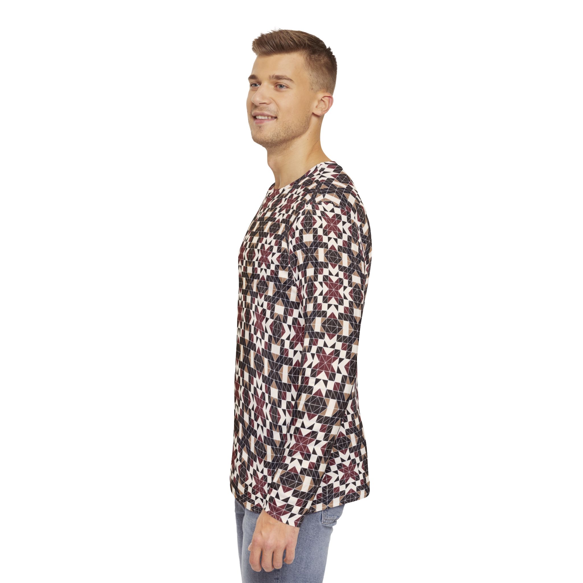 Ornate Crimson Tile Men's Long Sleeve Shirt, Casual Wear, Gift for Him, Fashion Top, Everyday Essentials - Image 5