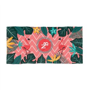 Tropical Flamingo Beach Towel, Vibrant Chevron Print with Exotic Leaves | NB Summer Essentials