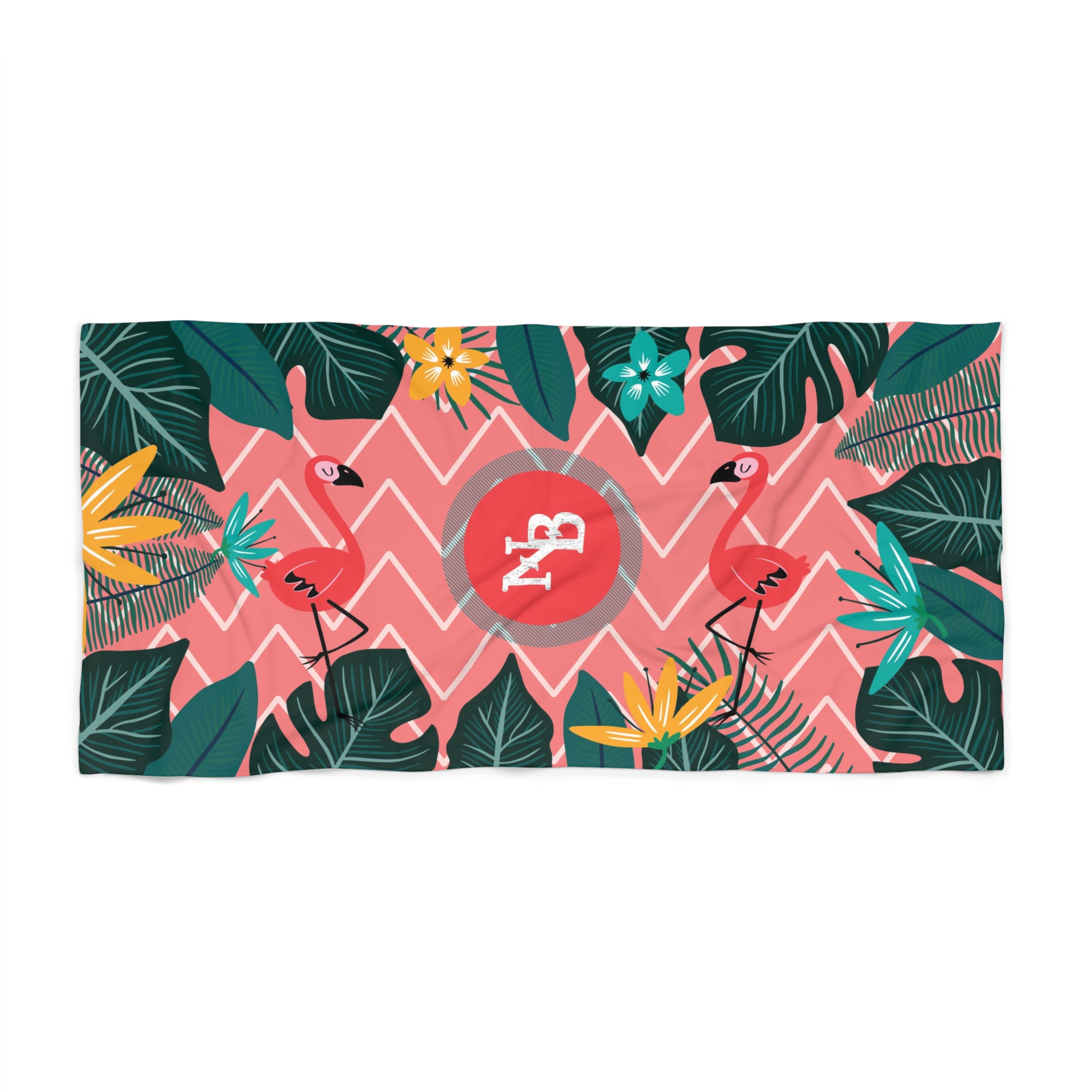 Tropical Flamingo Beach Towel, Vibrant Chevron Print with Exotic Leaves | NB Summer Essentials