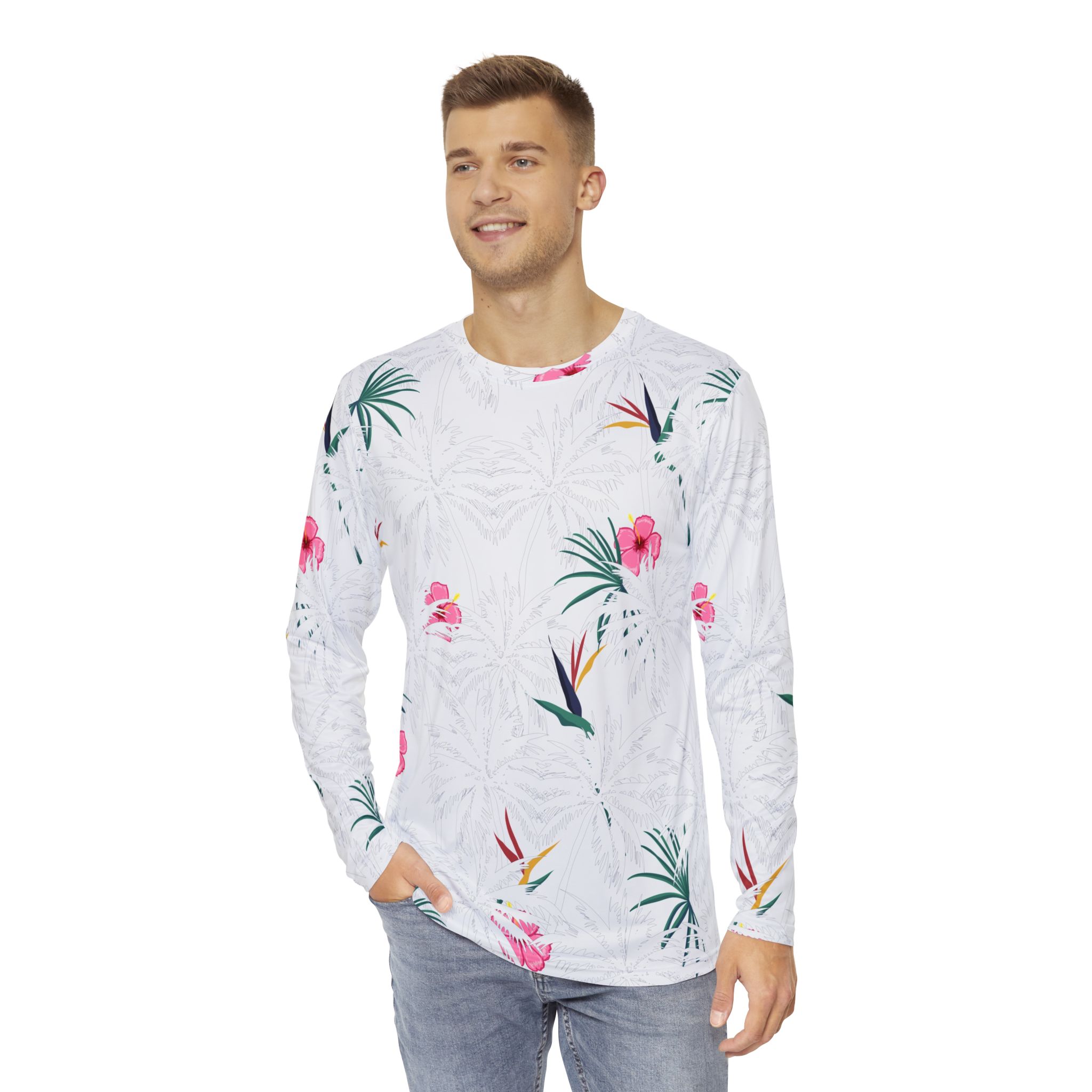 White Tropical Floral Men’s Long Sleeve Shirt Bird of Paradise & Hibiscus Print - Image 3