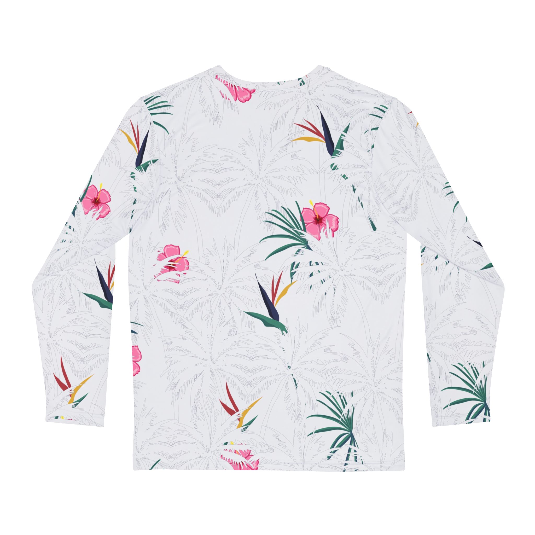 White Tropical Floral Men’s Long Sleeve Shirt Bird of Paradise & Hibiscus Print - Image 2