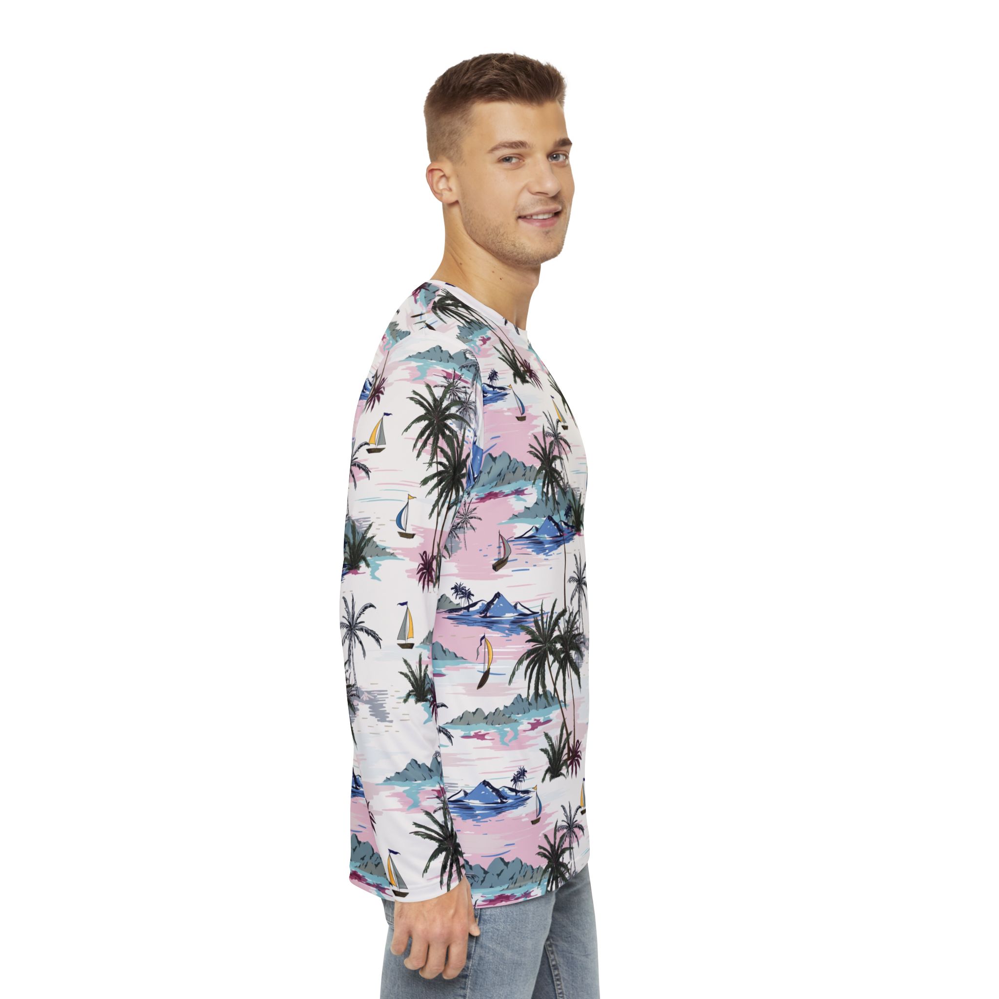 Tropical Palm Tree & Sailboat Print Men’s Long Sleeve Shirt Sunset Beach Vibes - Image 6