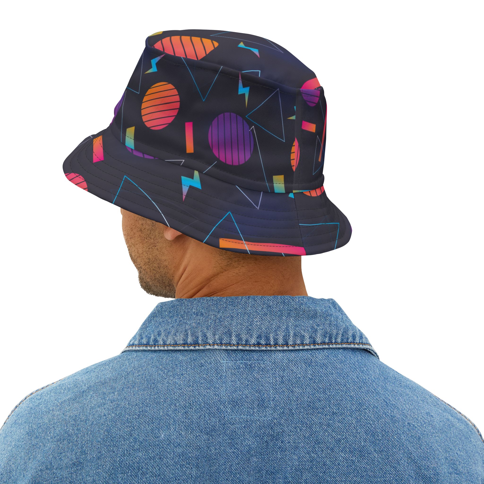 Retro 80s Neon Geometric Pattern Bucket Hat, Vibrant Streetwear Style - Image 8