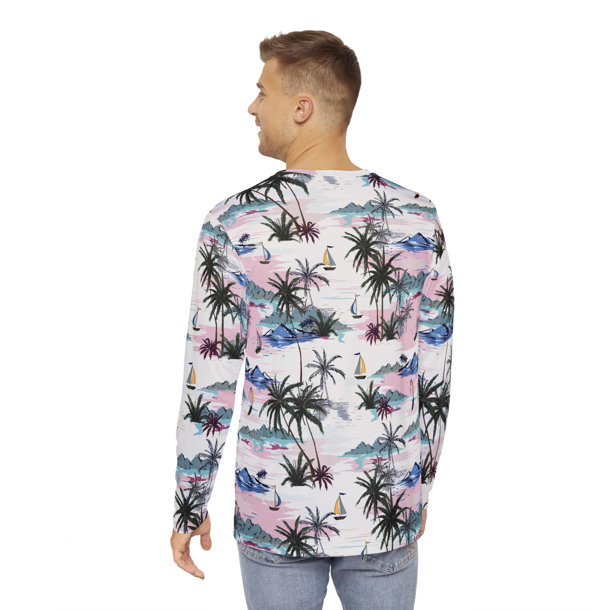 Tropical Palm Tree & Sailboat Print Men’s Long Sleeve Shirt Sunset Beach Vibes - Image 4