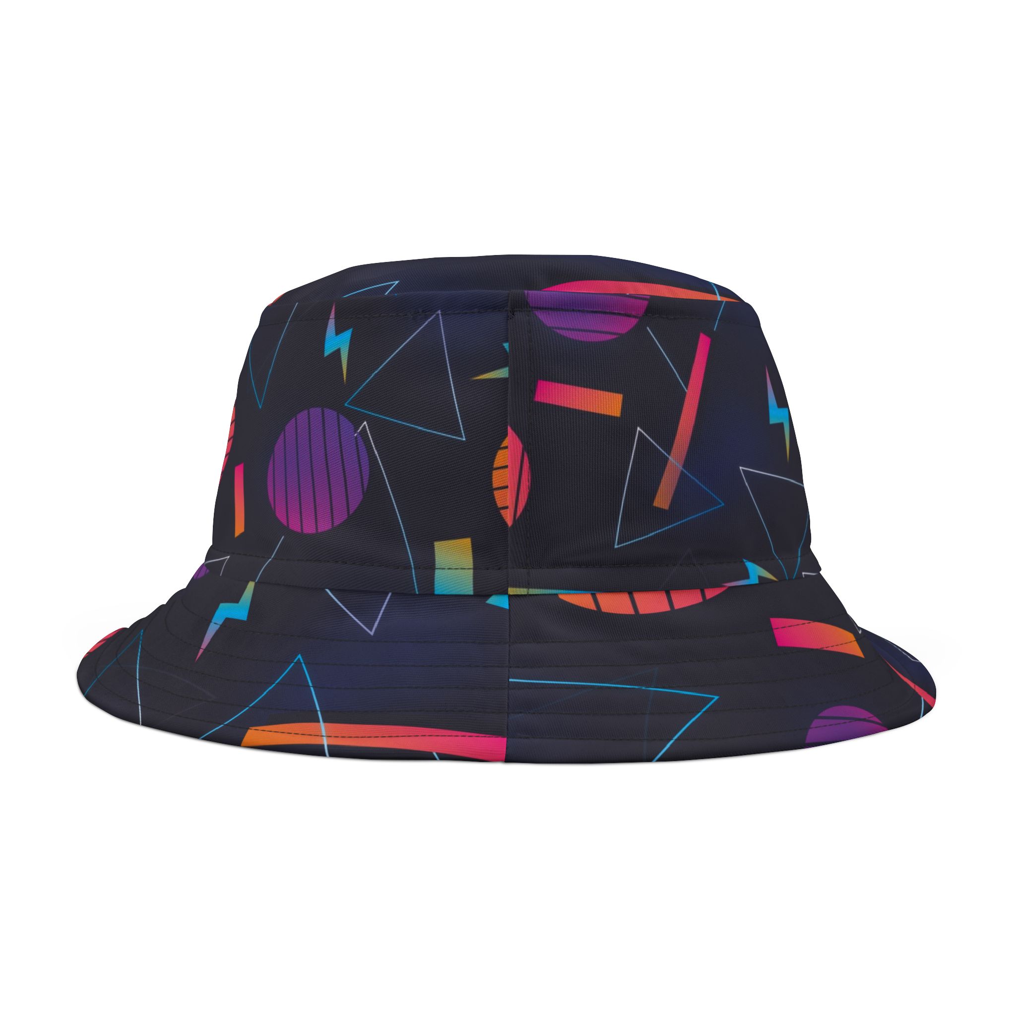 Retro 80s Neon Geometric Pattern Bucket Hat, Vibrant Streetwear Style - Image 3