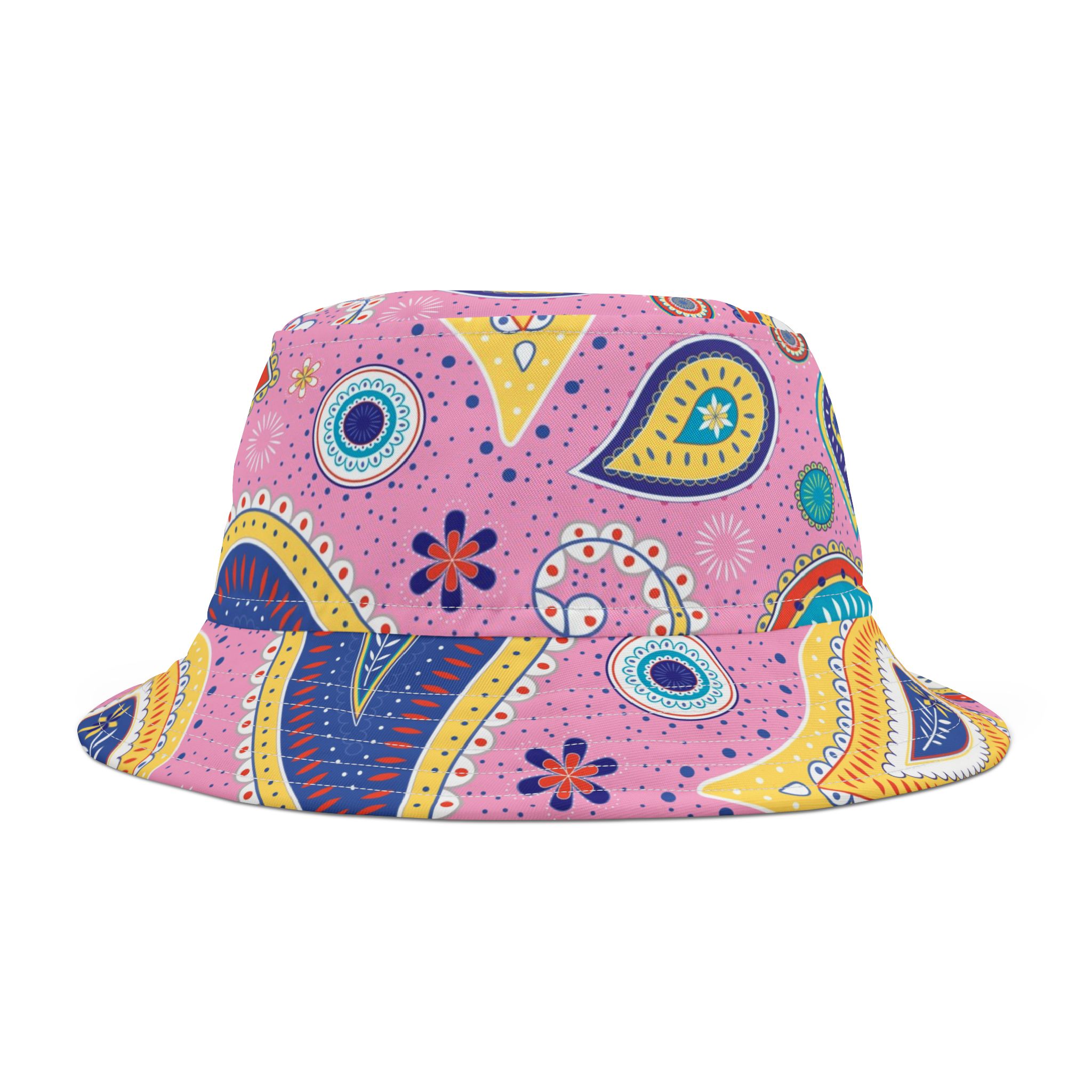 Pink Paisley Bucket Hat, Vibrant Retro Boho Print Bucket Hat