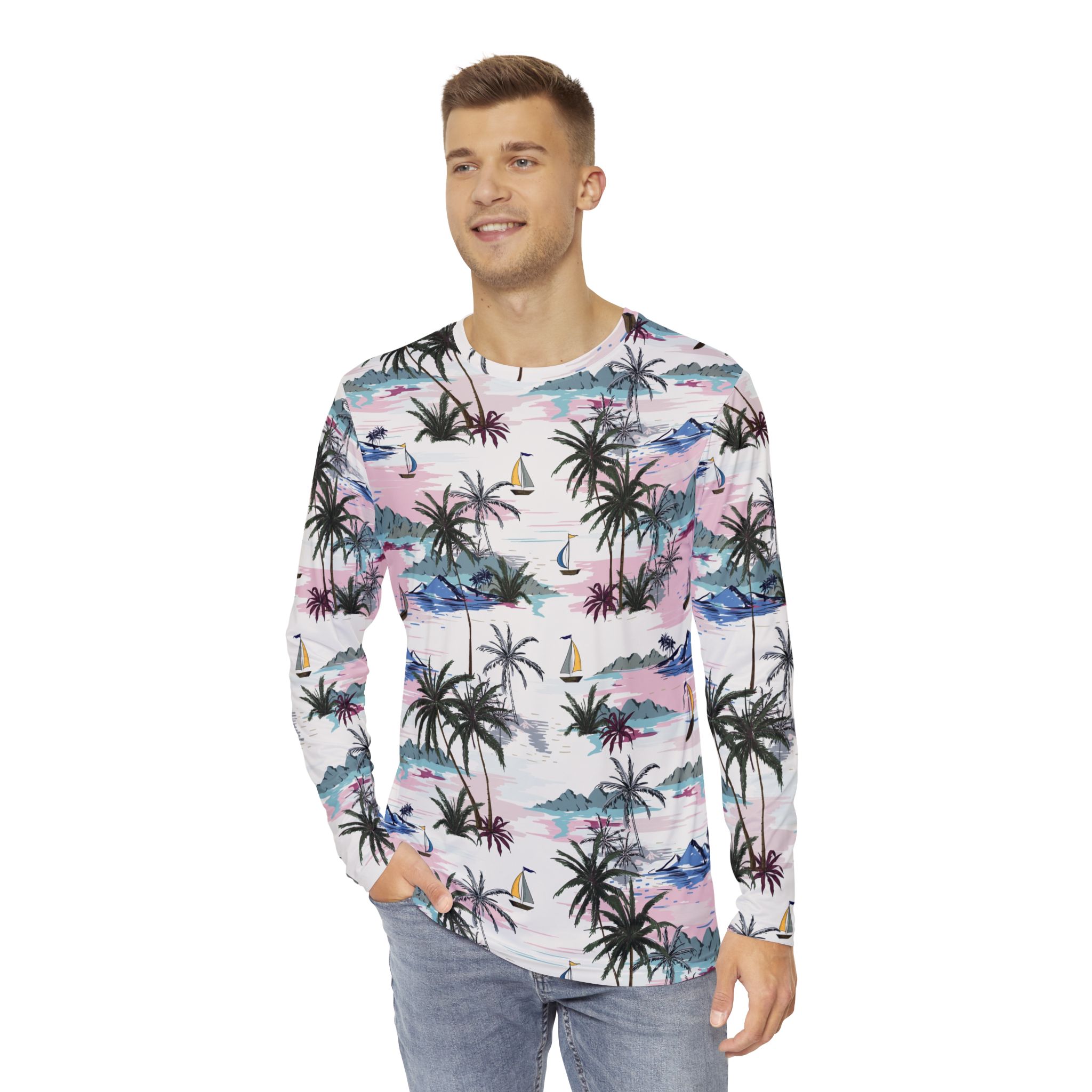 Tropical Palm Tree & Sailboat Print Men’s Long Sleeve Shirt Sunset Beach Vibes - Image 3