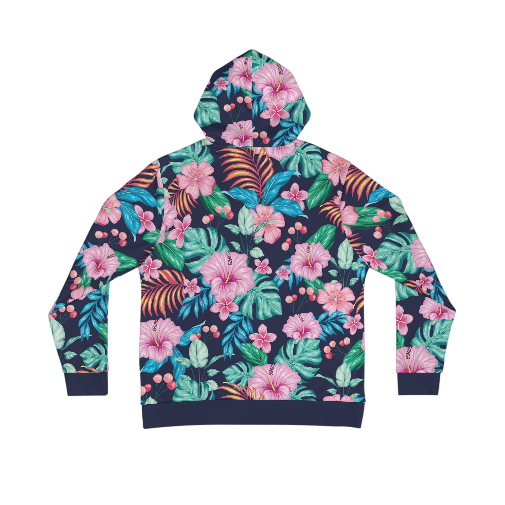 Tropical Floral All-Over Print Hoodie, Pink Flowers & Green Leaves on Navy for a Florida Vacation Vibe - Image 2