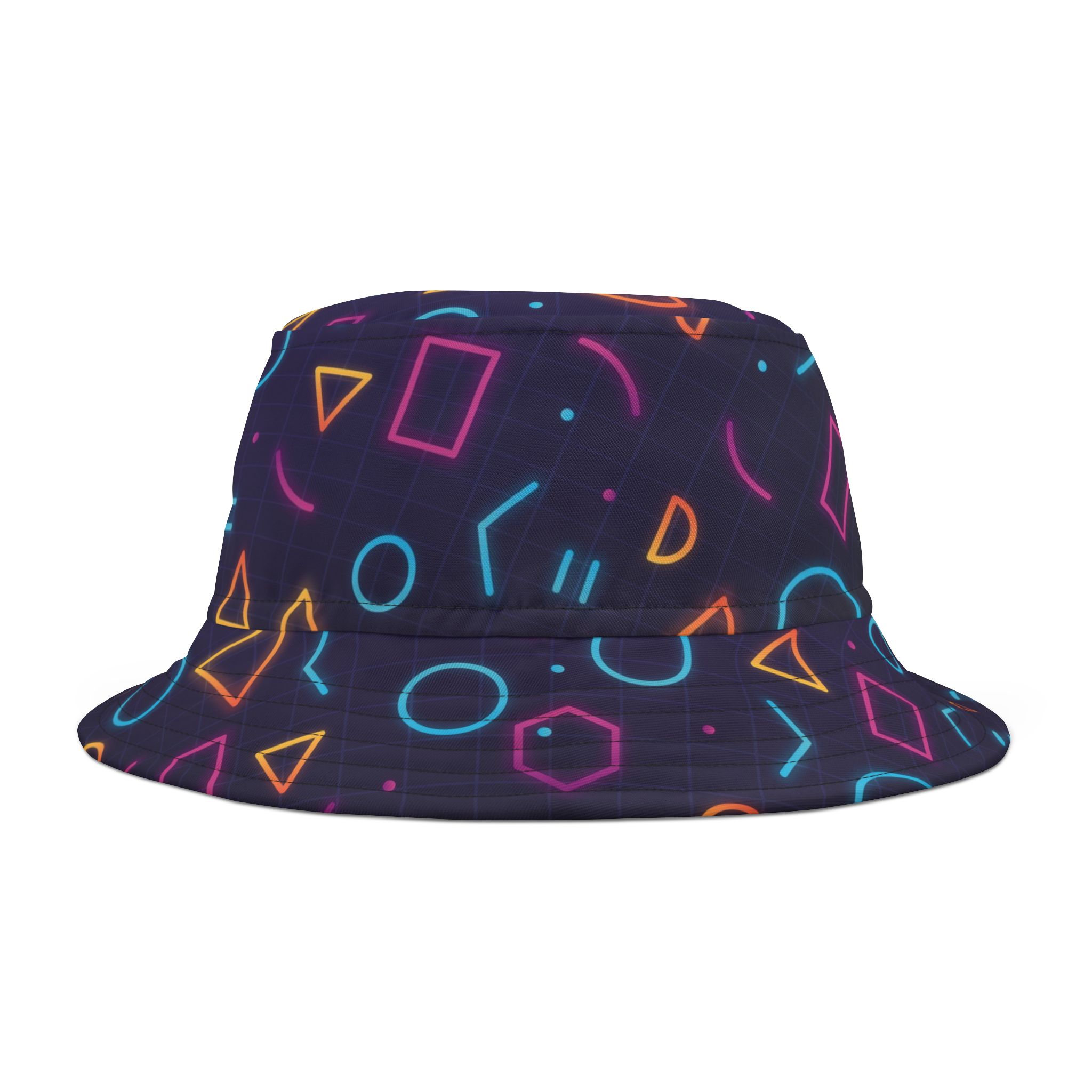 Neon Glow Geometric Bucket Hat, Vaporwave 80s-Inspired Retro Streetwear - Image 4