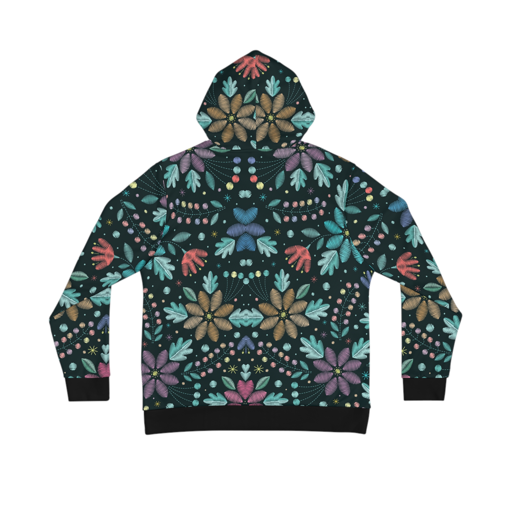 Embroidered Floral Pattern Hoodie, Colorful Stitch-Style Design on Dark Background for Bold Year-Round Style - Image 2