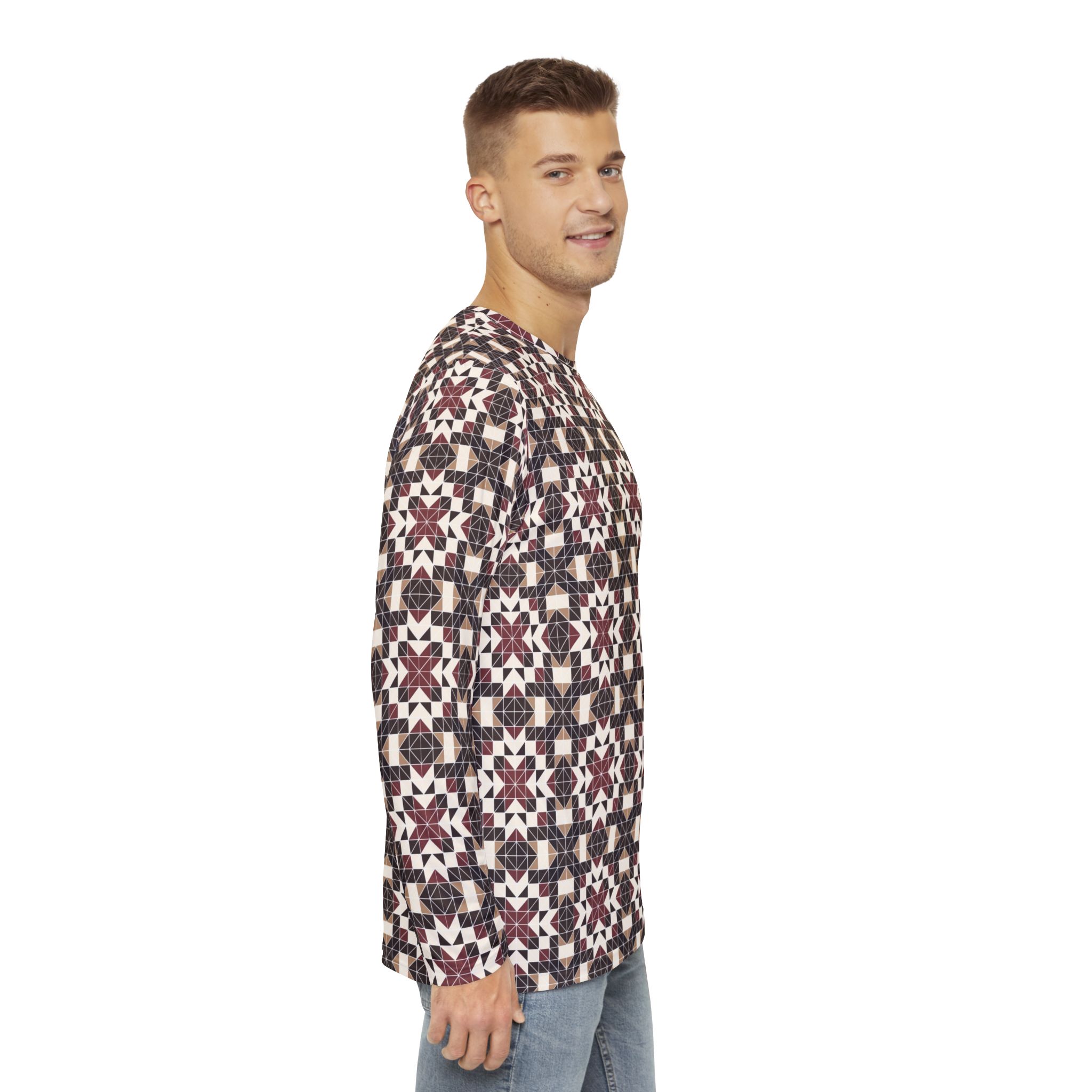 Ornate Crimson Tile Men's Long Sleeve Shirt, Casual Wear, Gift for Him, Fashion Top, Everyday Essentials - Image 6
