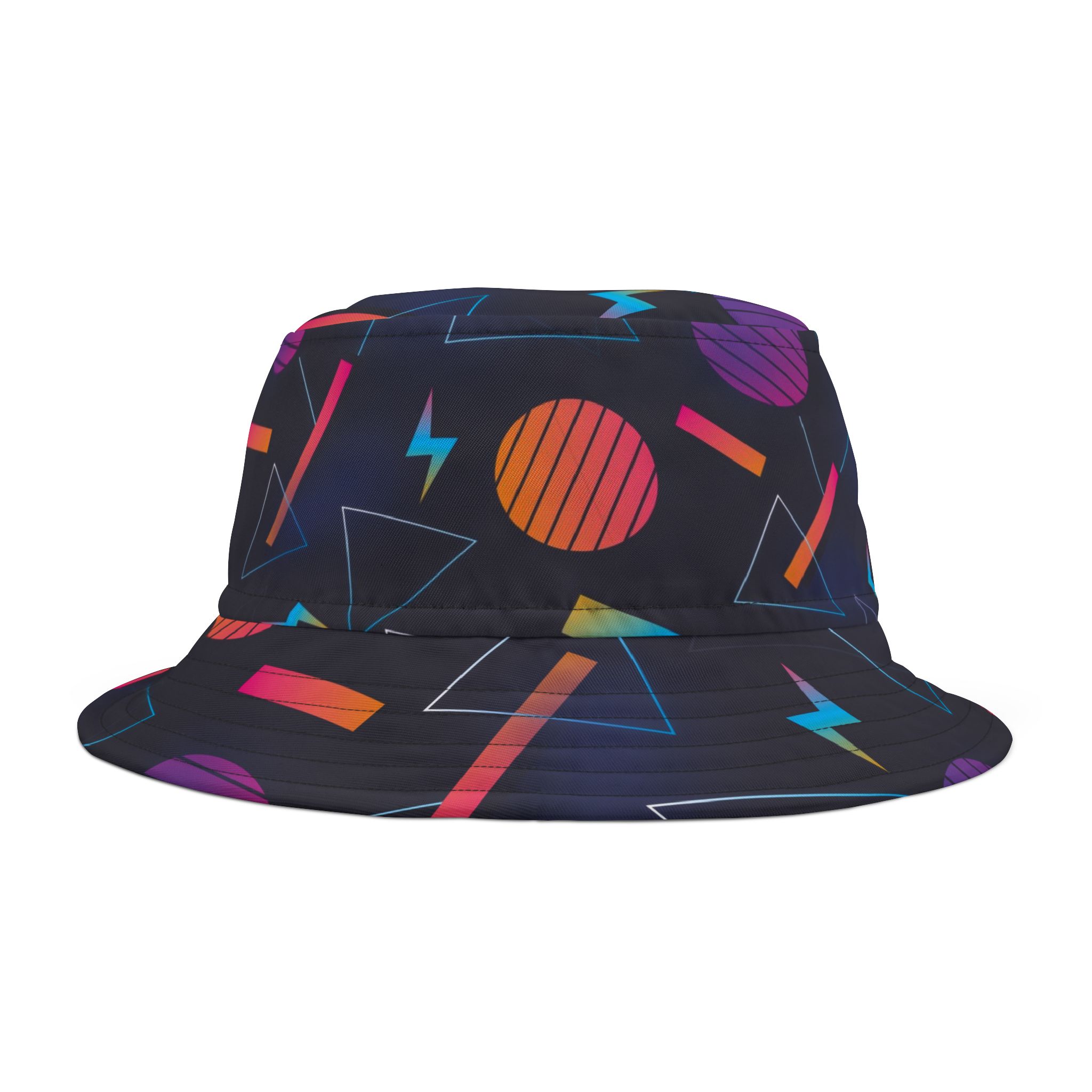 Retro 80s Neon Geometric Pattern Bucket Hat, Vibrant Streetwear Style - Image 2
