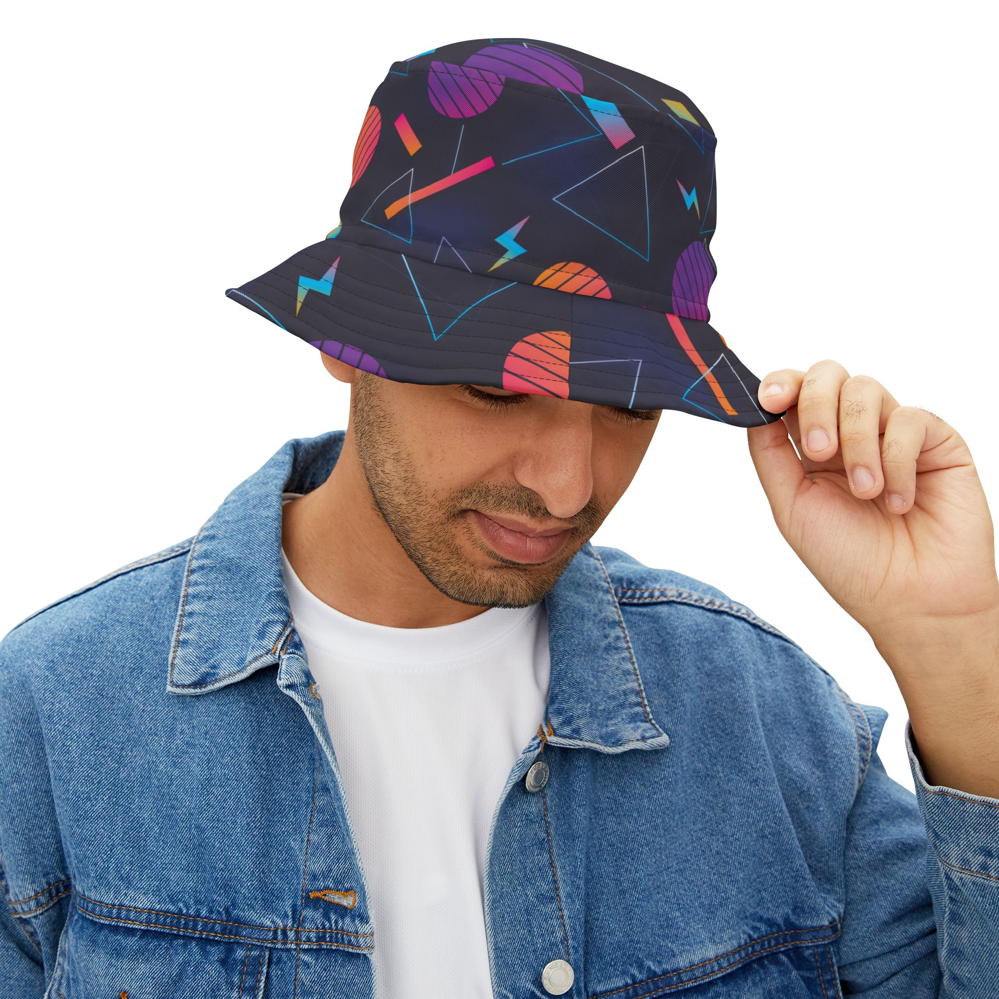 Retro 80s Neon Geometric Pattern Bucket Hat, Vibrant Streetwear Style - Image 7