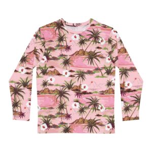 Tropical Palm Tree Long Sleeve Shirt, Pink Hawaiian Beach Print Tee, Island Sunset Shirt for Men