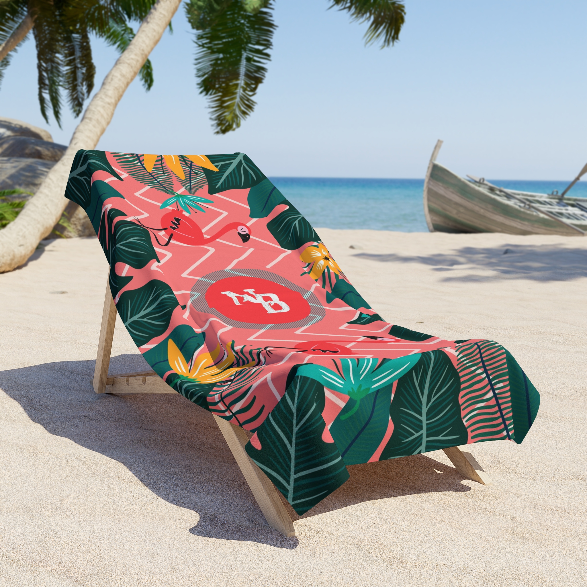 Tropical Flamingo Beach Towel, Vibrant Chevron Print with Exotic Leaves | NB Summer Essentials - Image 6