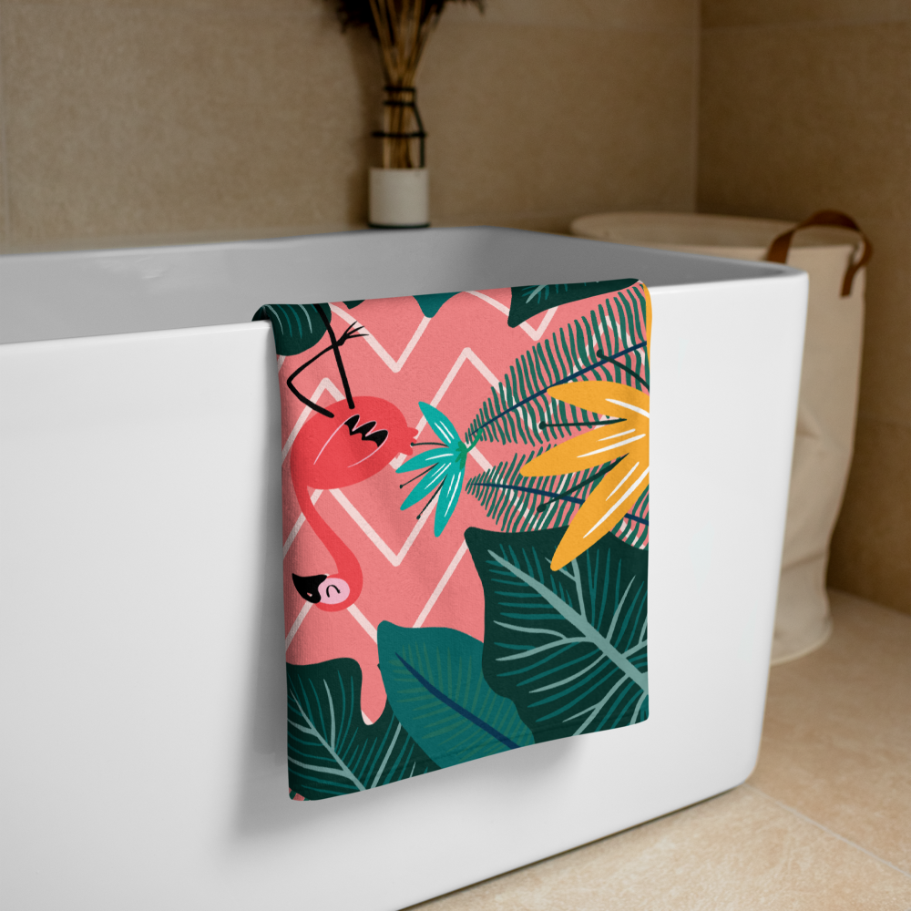 Tropical Flamingo Beach Towel, Vibrant Chevron Print with Exotic Leaves | NB Summer Essentials - Image 3