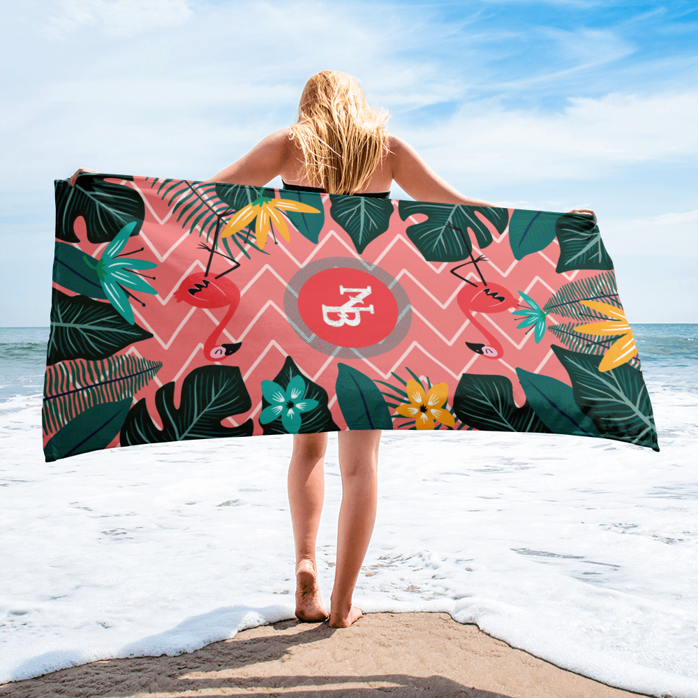 Tropical Flamingo Beach Towel, Vibrant Chevron Print with Exotic Leaves | NB Summer Essentials - Image 4