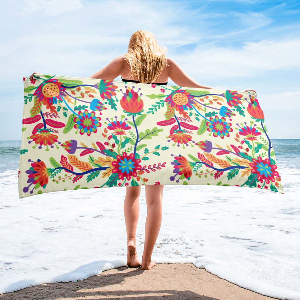 Colorful Folk Floral Beach Towel, Boho Summer Vibes for Beach & Poolside - Image 3
