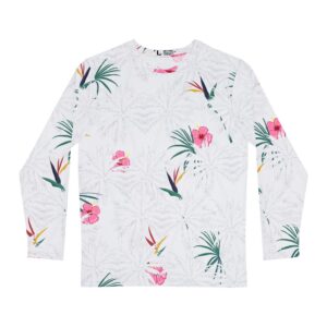White Tropical Floral Men’s Long Sleeve Shirt Bird of Paradise & Hibiscus Print