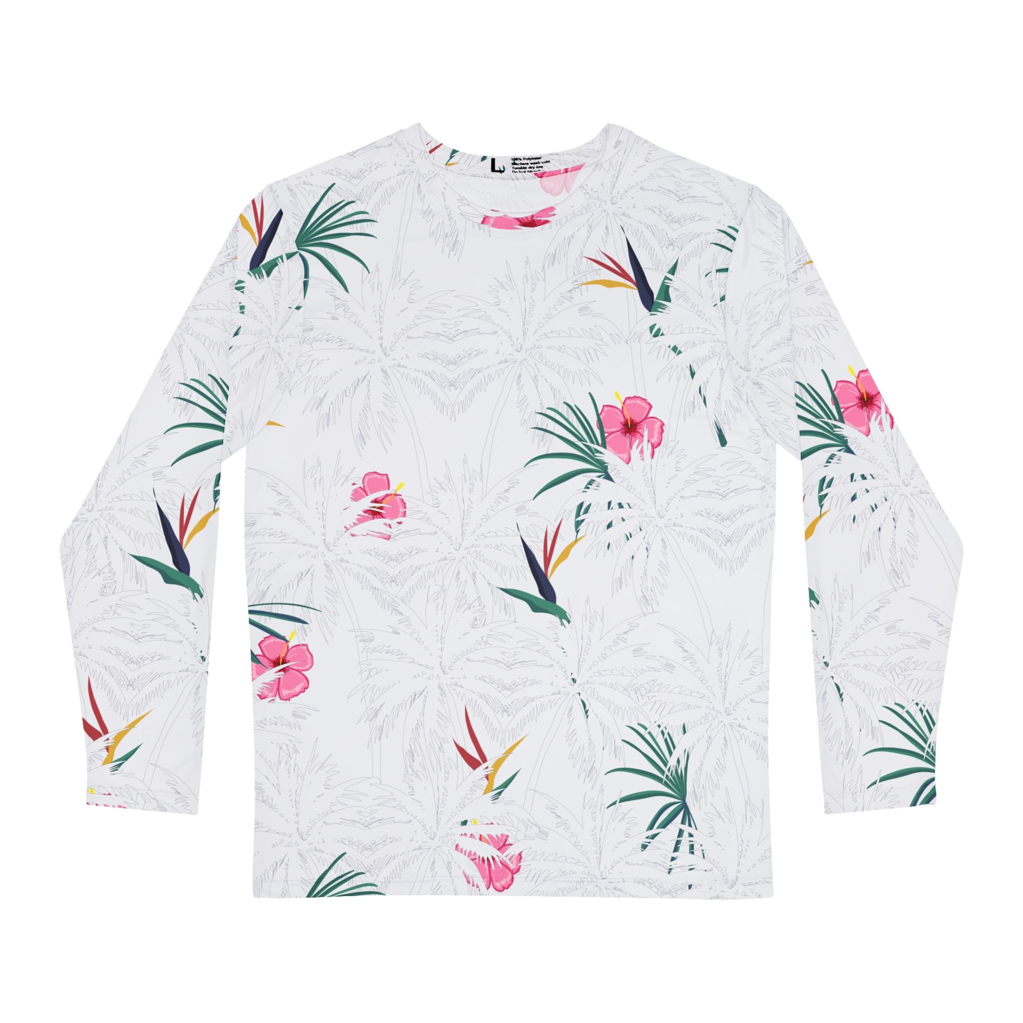 White Tropical Floral Men’s Long Sleeve Shirt Bird of Paradise & Hibiscus Print