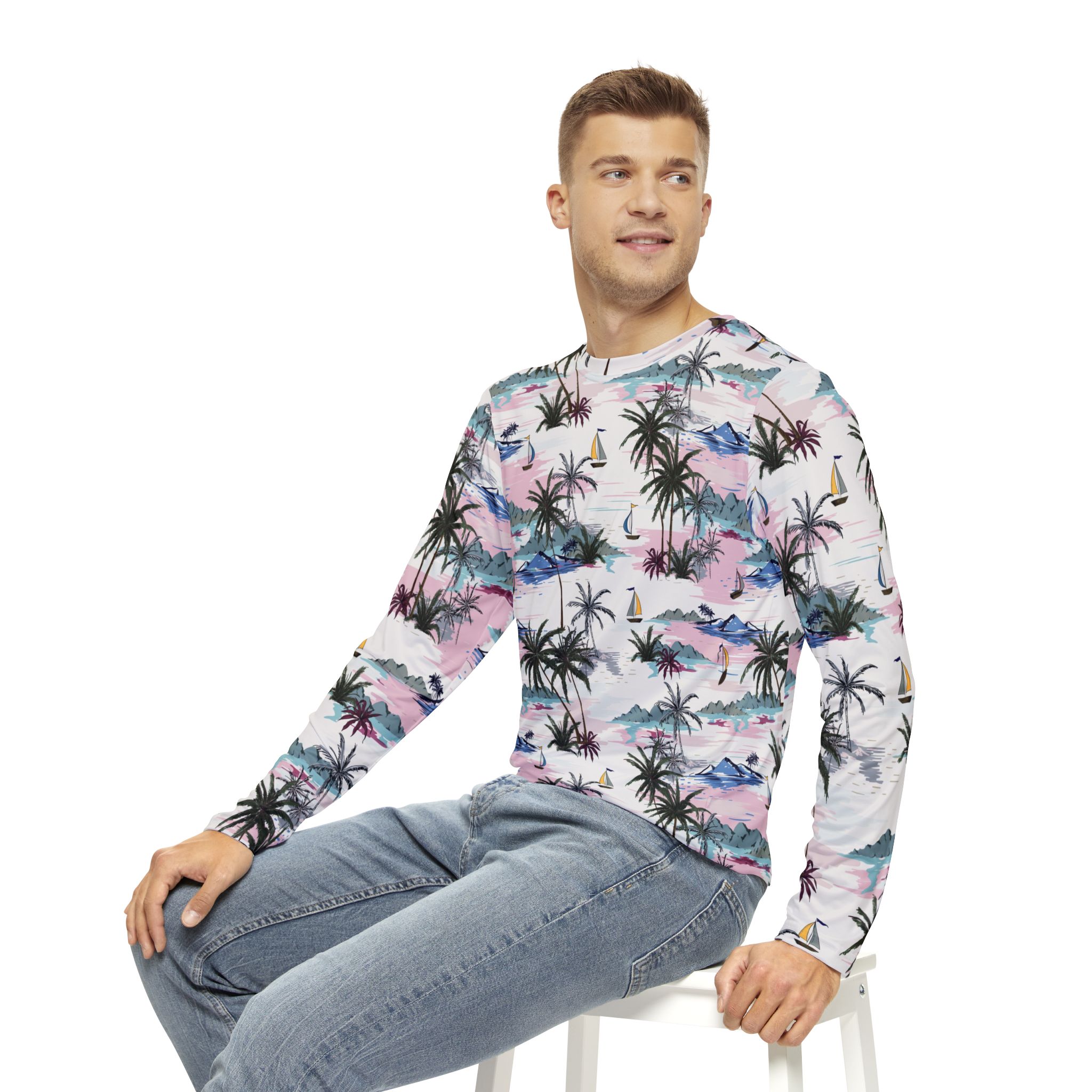 Tropical Palm Tree & Sailboat Print Men’s Long Sleeve Shirt Sunset Beach Vibes - Image 7