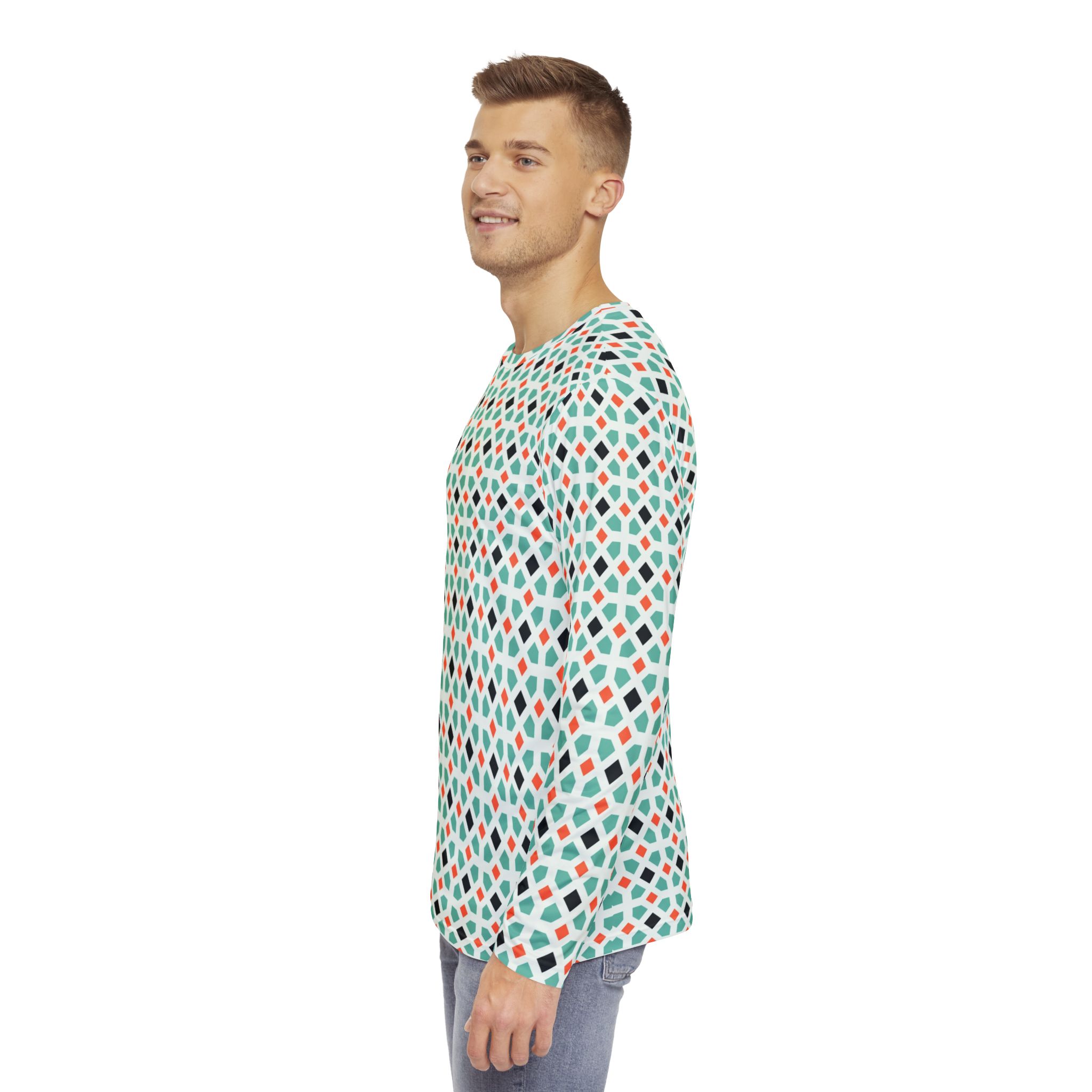 Retro Geometric Mosaic Men's Long Sleeve Shirt Unique Gift for Him, Everyday Wear, Spring Fashion - Image 5