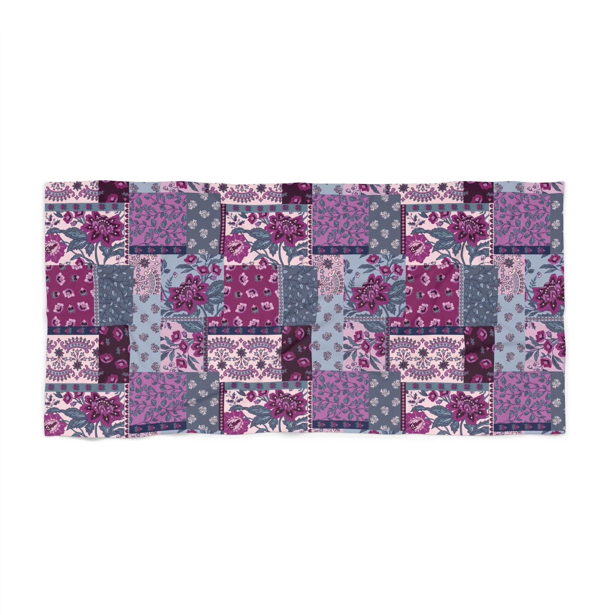 Vintage Patchwork Beach Towel, Boho Purple Floral Beach Towel