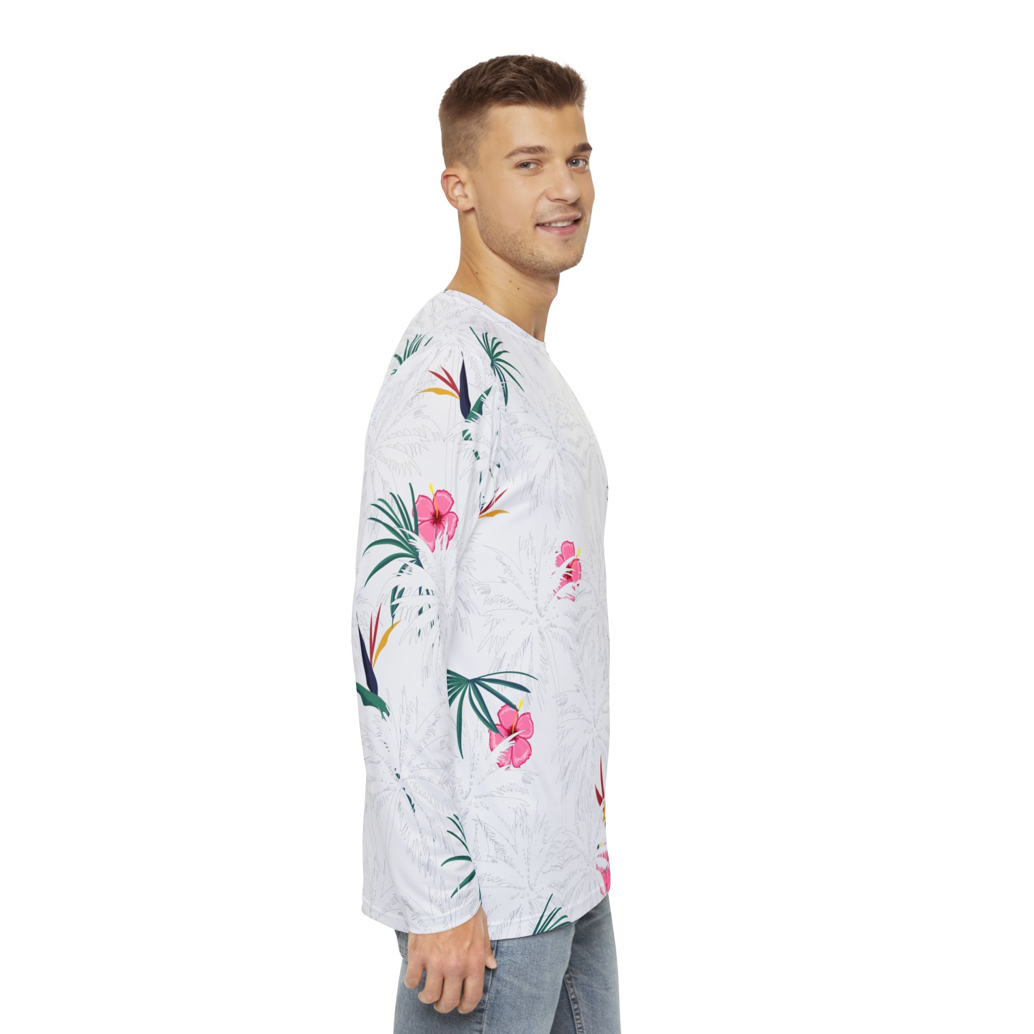 White Tropical Floral Men’s Long Sleeve Shirt Bird of Paradise & Hibiscus Print - Image 6