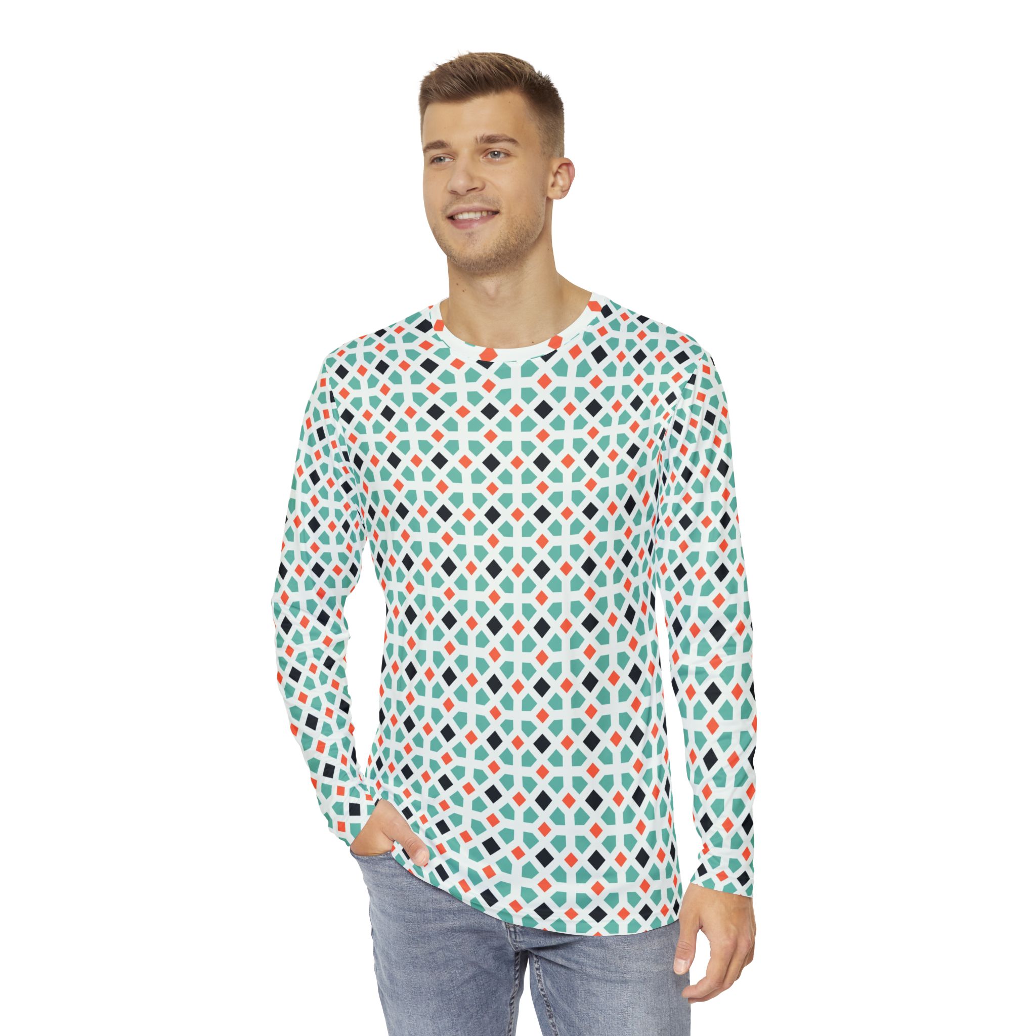 Retro Geometric Mosaic Men's Long Sleeve Shirt Unique Gift for Him, Everyday Wear, Spring Fashion - Image 3