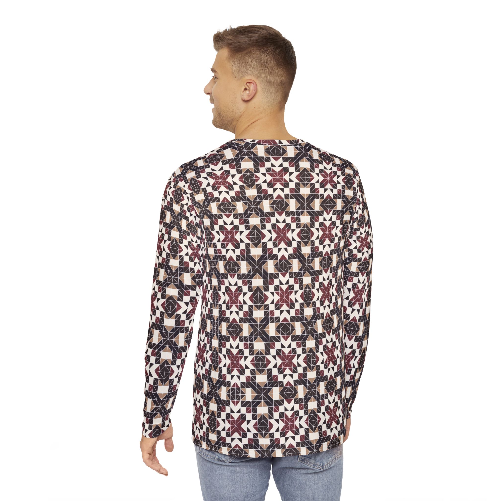 Ornate Crimson Tile Men's Long Sleeve Shirt, Casual Wear, Gift for Him, Fashion Top, Everyday Essentials - Image 4