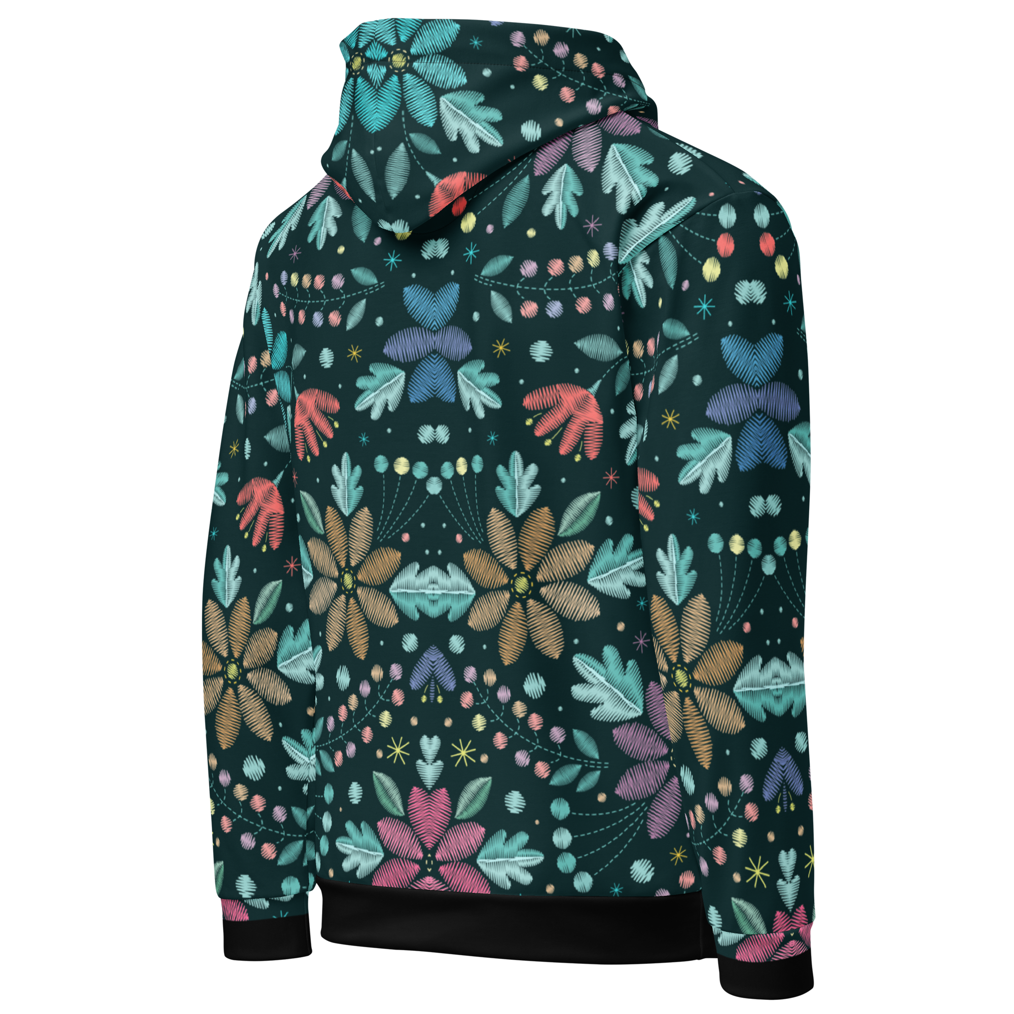Embroidered Floral Pattern Hoodie, Colorful Stitch-Style Design on Dark Background for Bold Year-Round Style - Image 5