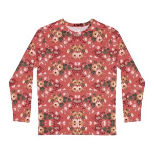 Retro Red Floral Long Sleeve Shirt, Vintage Blurred Flower Print Tee, Soft Aesthetic Shirt for Men