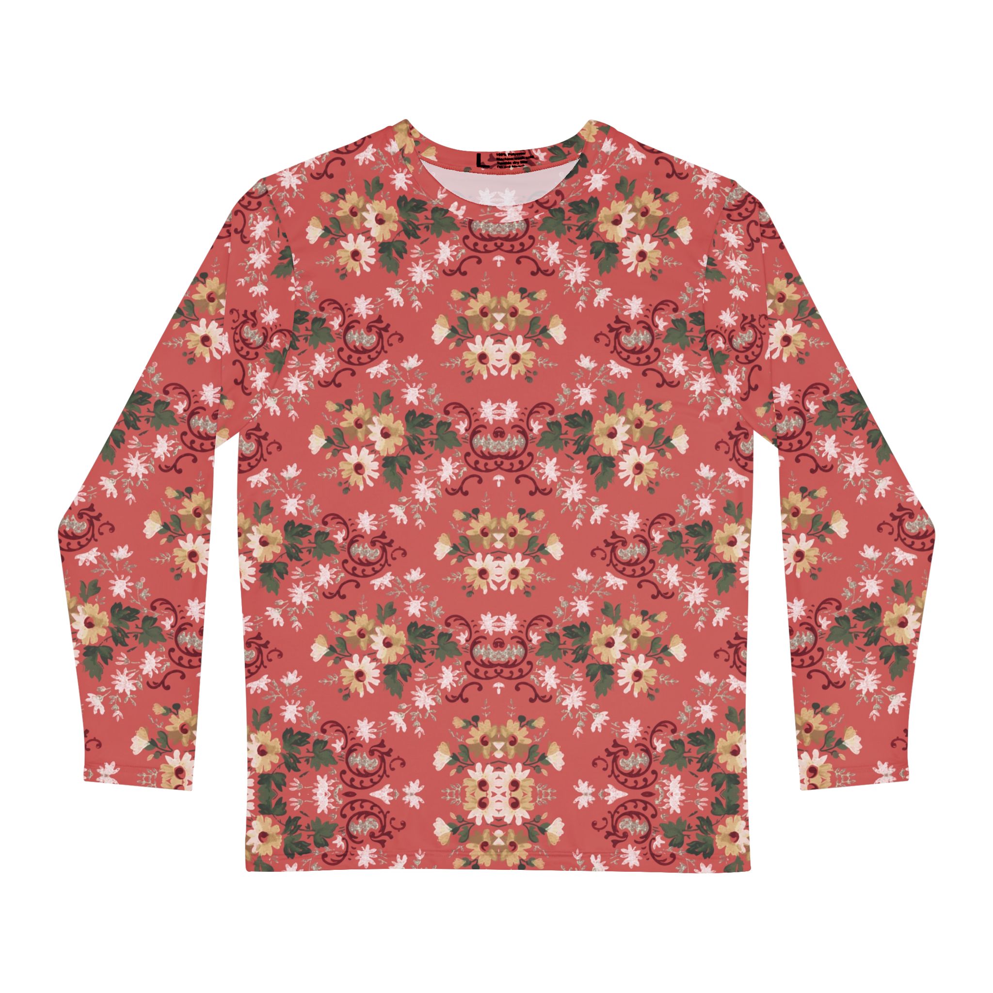 Retro Red Floral Long Sleeve Shirt, Vintage Blurred Flower Print Tee, Soft Aesthetic Shirt for Men