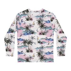 Tropical Palm Tree & Sailboat Print Men’s Long Sleeve Shirt Sunset Beach Vibes