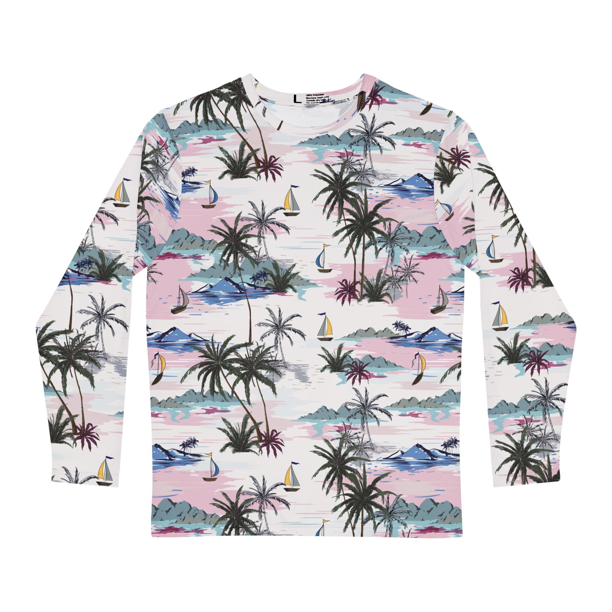 Tropical Palm Tree & Sailboat Print Men’s Long Sleeve Shirt Sunset Beach Vibes