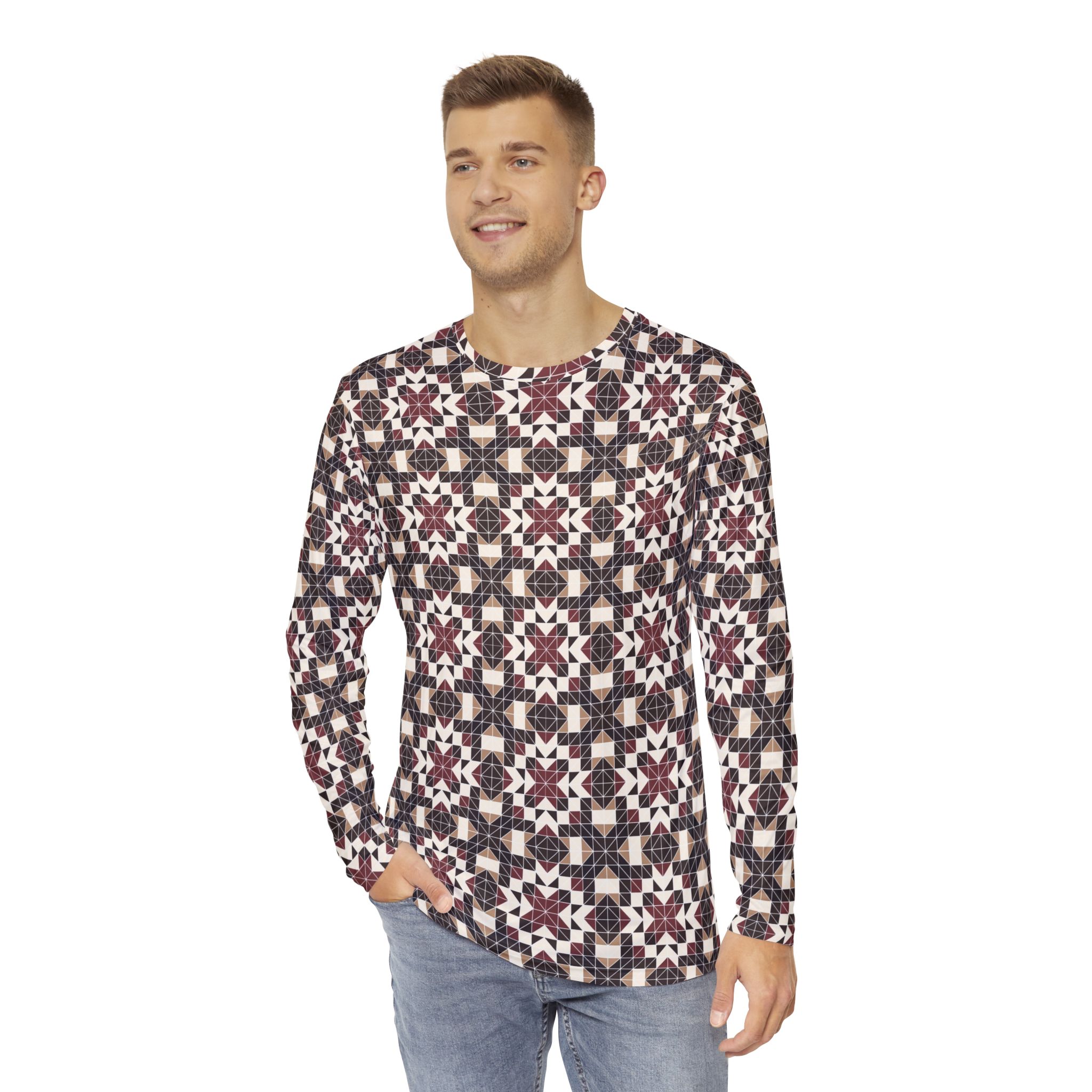 Ornate Crimson Tile Men's Long Sleeve Shirt, Casual Wear, Gift for Him, Fashion Top, Everyday Essentials - Image 3