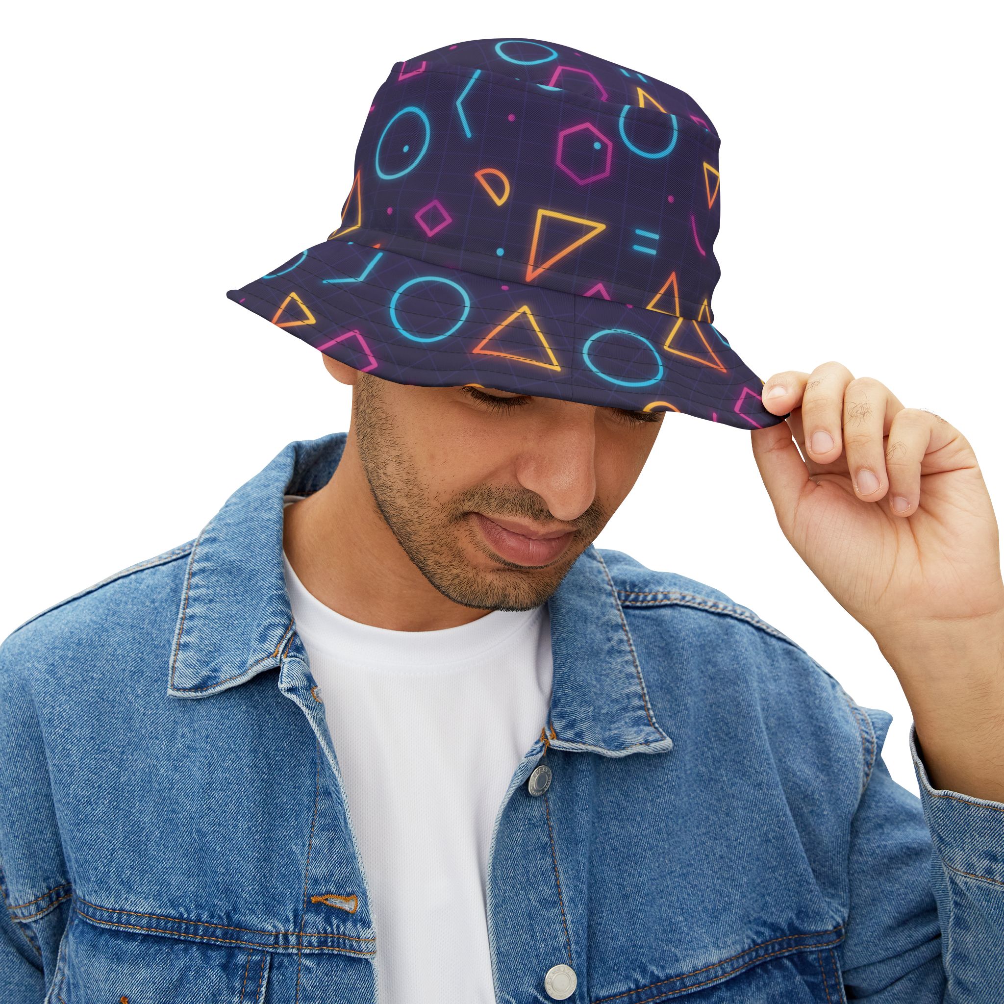 Neon Glow Geometric Bucket Hat, Vaporwave 80s-Inspired Retro Streetwear - Image 7