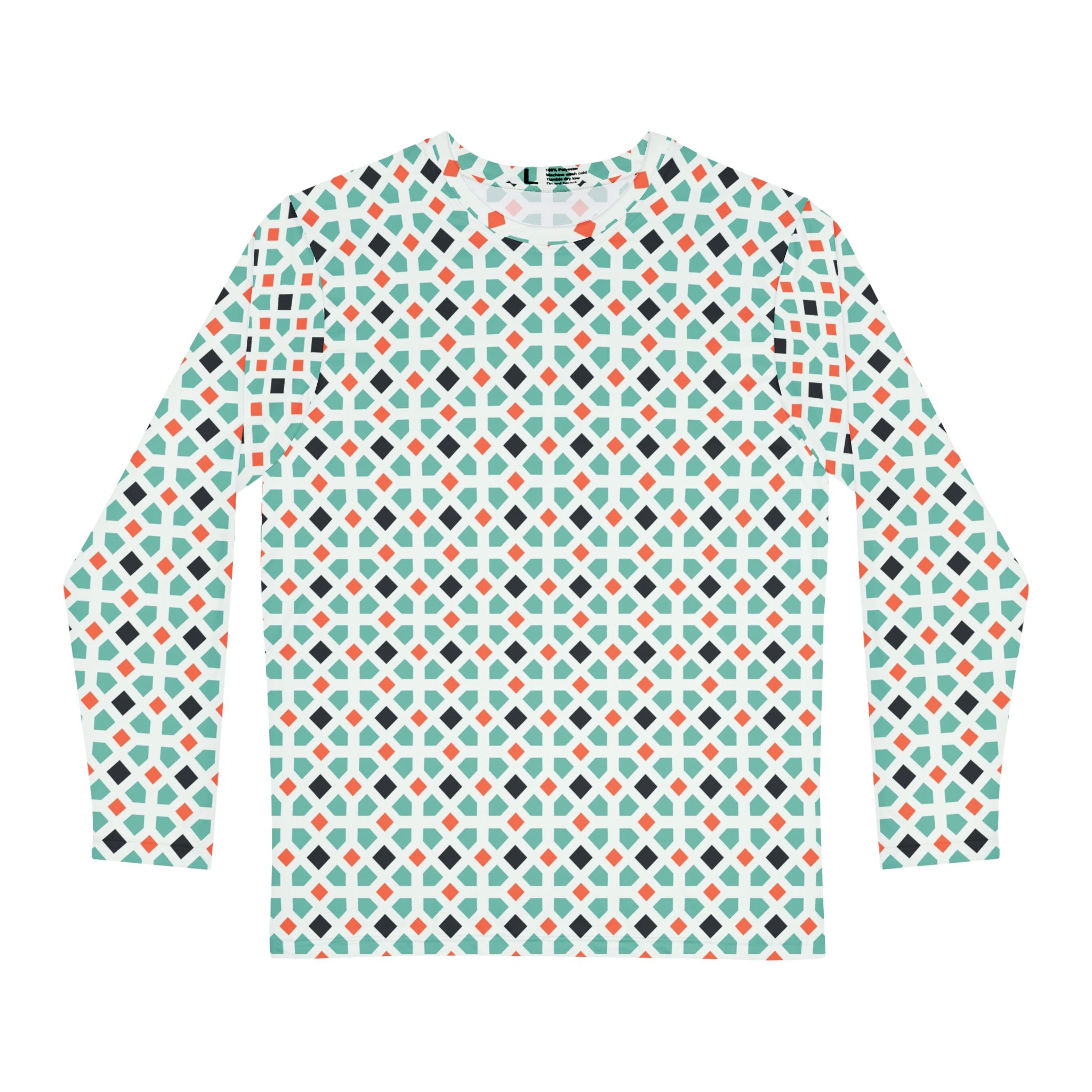 Retro Geometric Mosaic Men's Long Sleeve Shirt Unique Gift for Him, Everyday Wear, Spring Fashion
