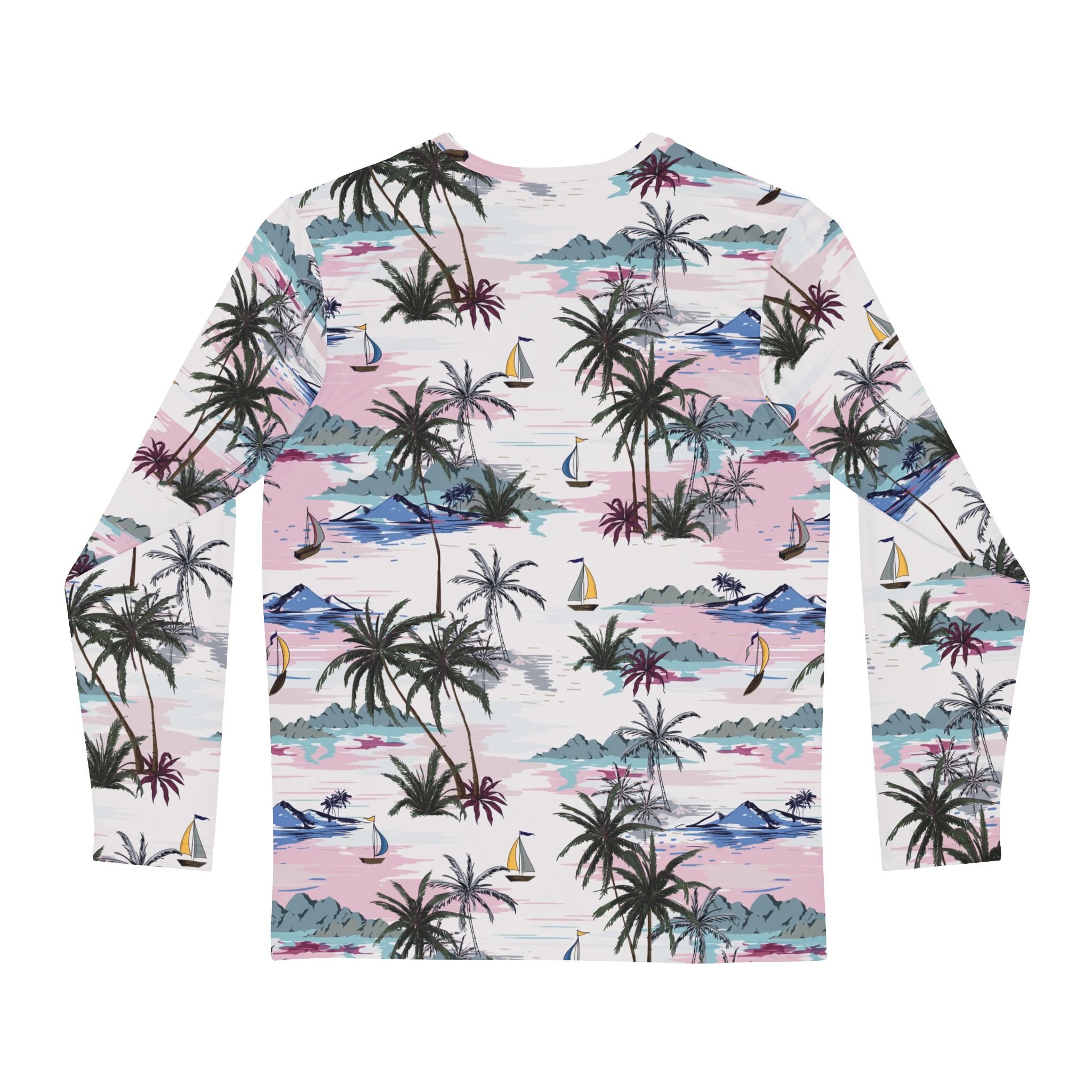 Tropical Palm Tree & Sailboat Print Men’s Long Sleeve Shirt Sunset Beach Vibes - Image 2