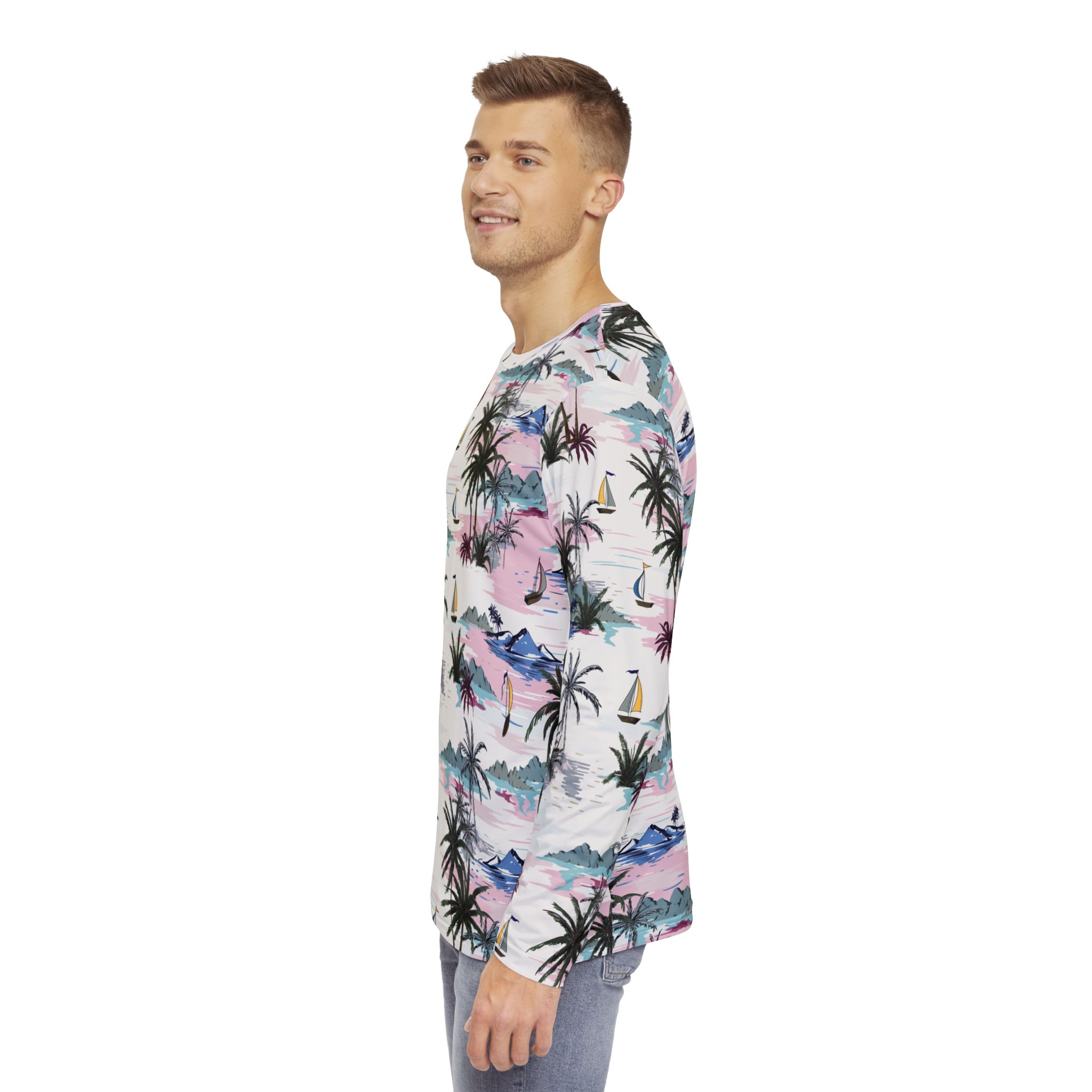 Tropical Palm Tree & Sailboat Print Men’s Long Sleeve Shirt Sunset Beach Vibes - Image 5