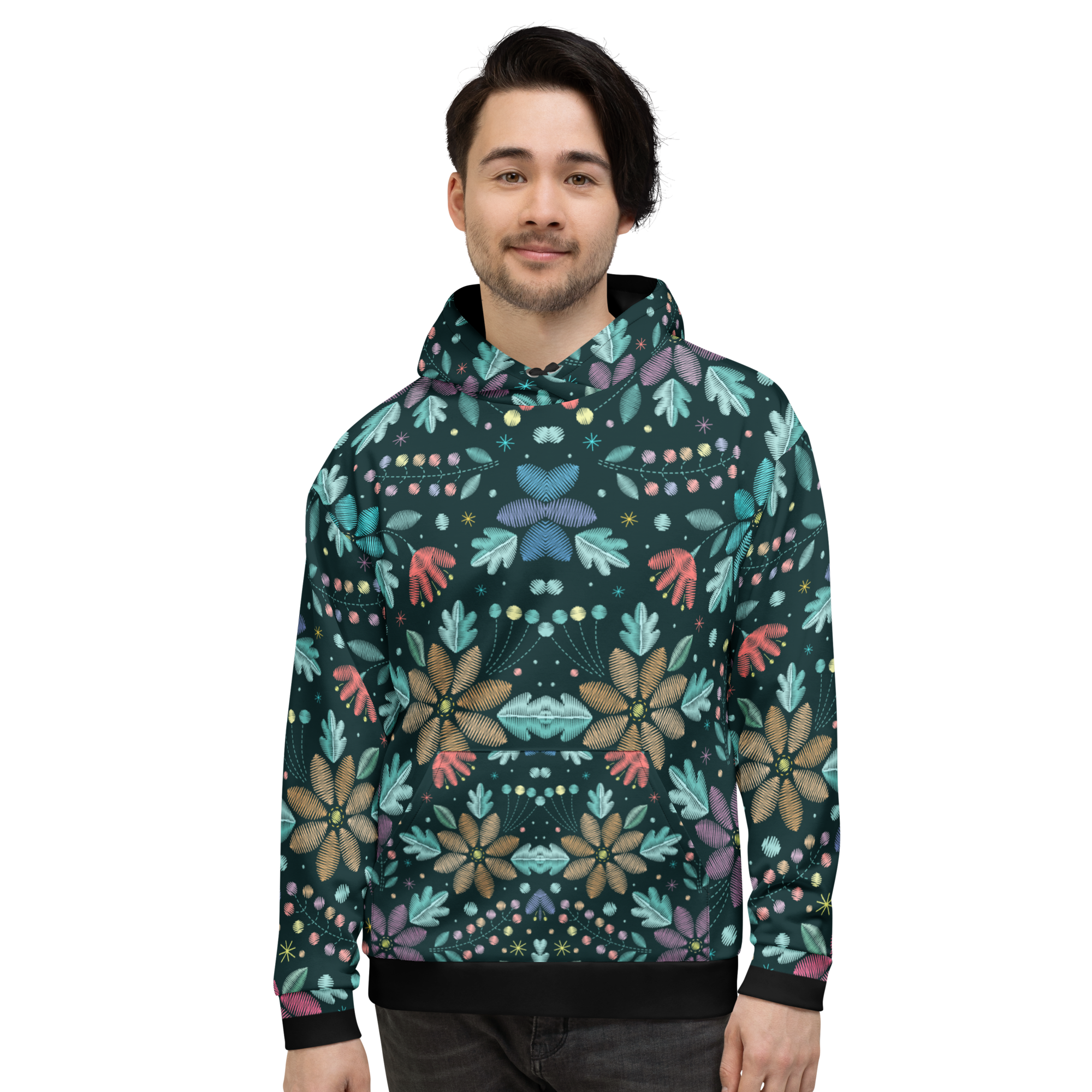Embroidered Floral Pattern Hoodie, Colorful Stitch-Style Design on Dark Background for Bold Year-Round Style - Image 3