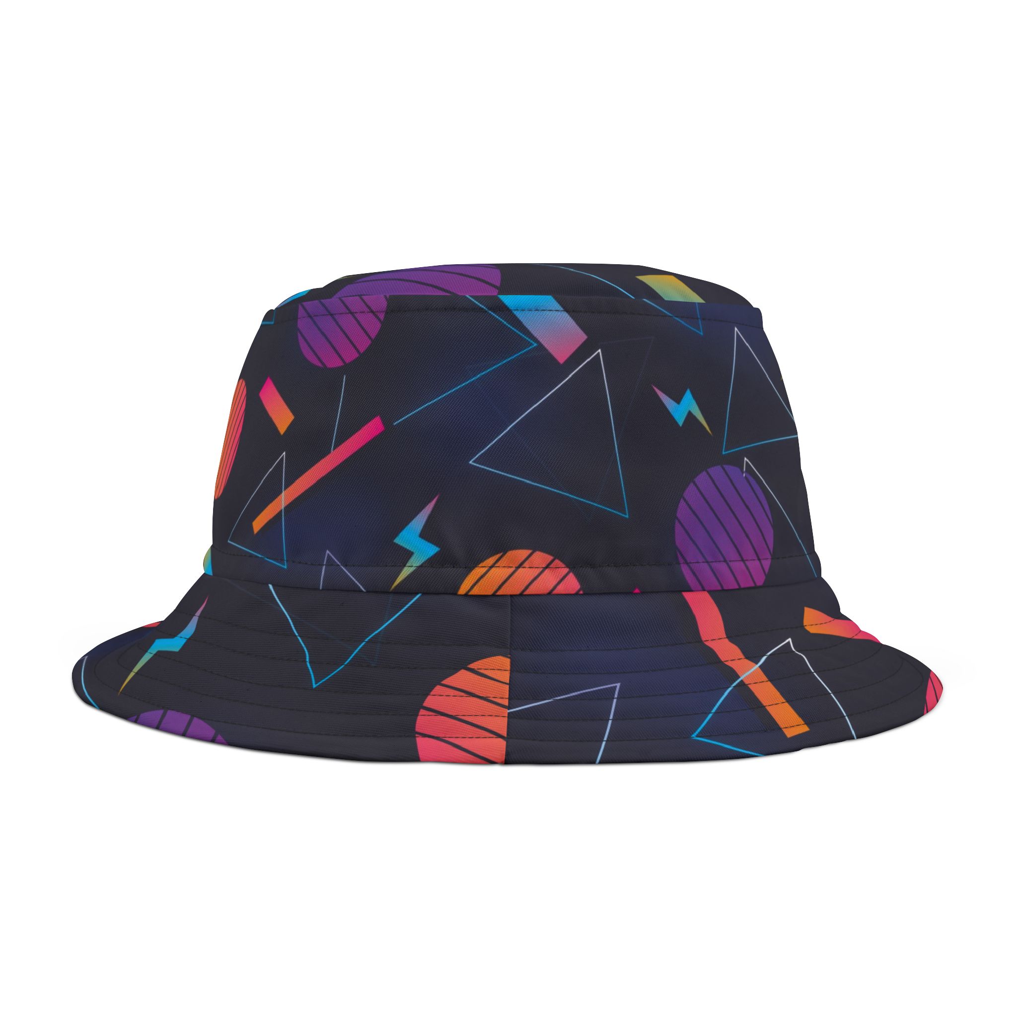 Retro 80s Neon Geometric Pattern Bucket Hat, Vibrant Streetwear Style