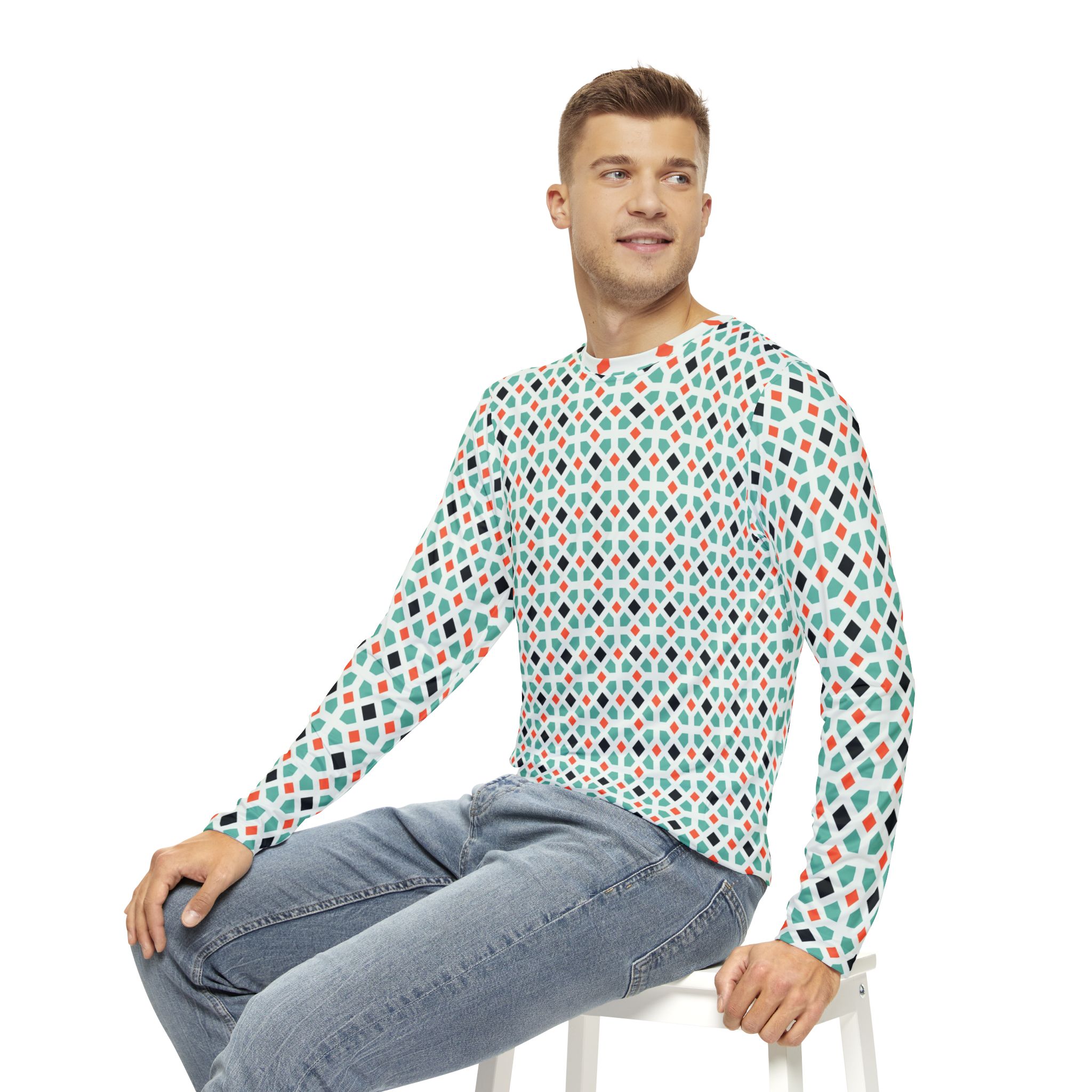 Retro Geometric Mosaic Men's Long Sleeve Shirt Unique Gift for Him, Everyday Wear, Spring Fashion - Image 7